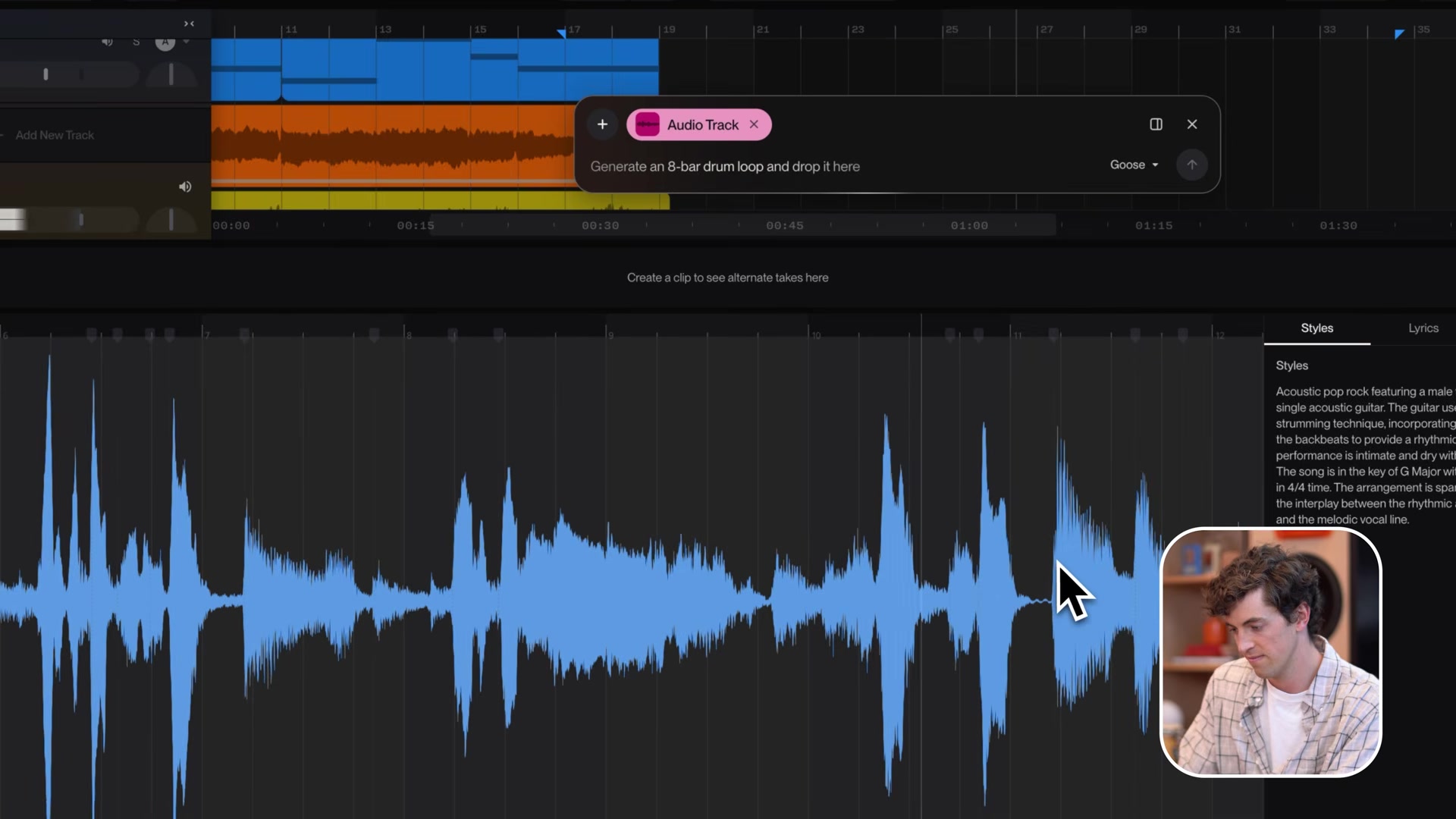 A recorded audio waveform on the Suno Studio timeline with the chat bar ready for a follow-up prompt