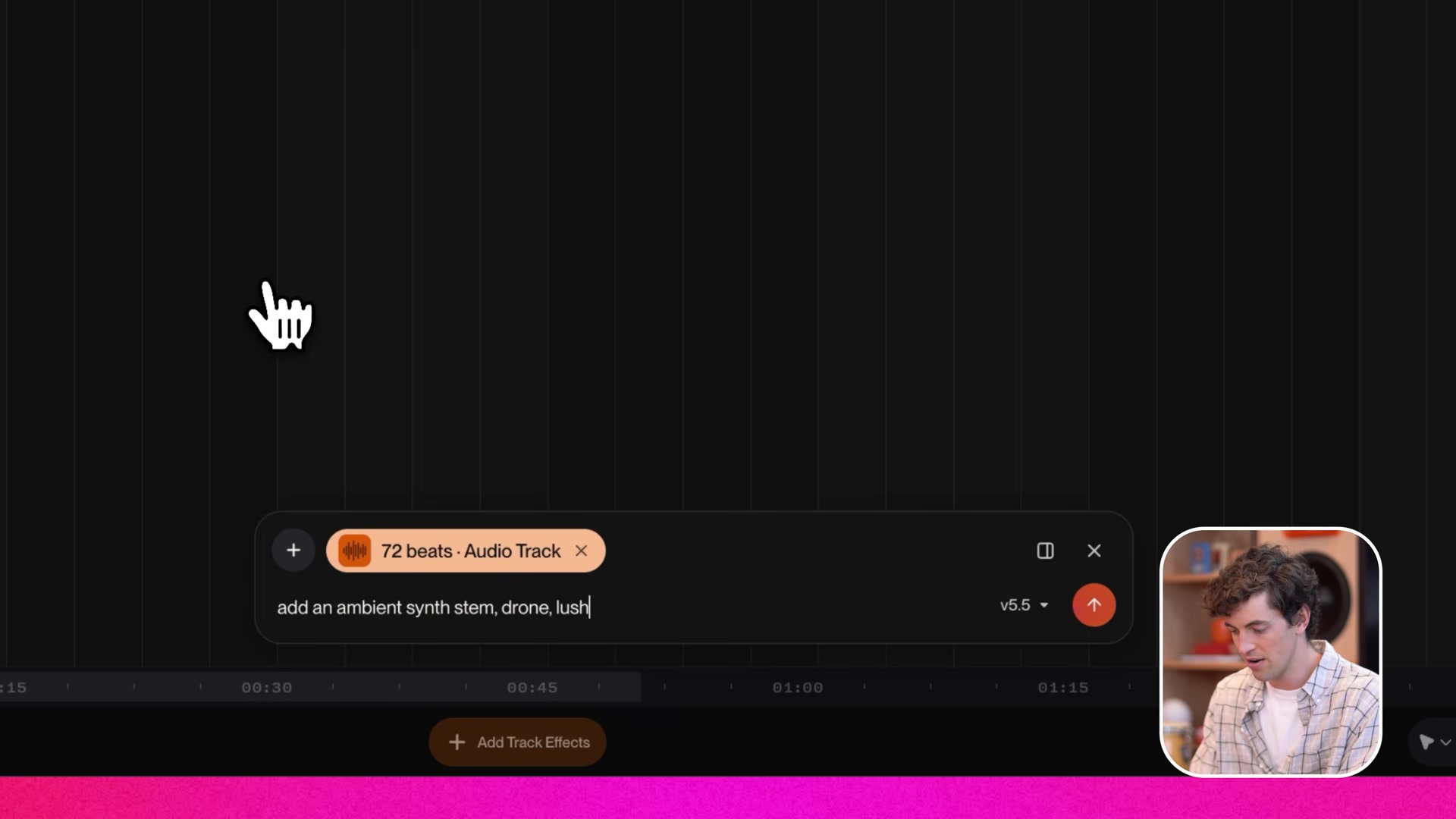 Suno Studio chat bar with an audio track attached as context and the prompt add an ambient synth stem, drone, lush