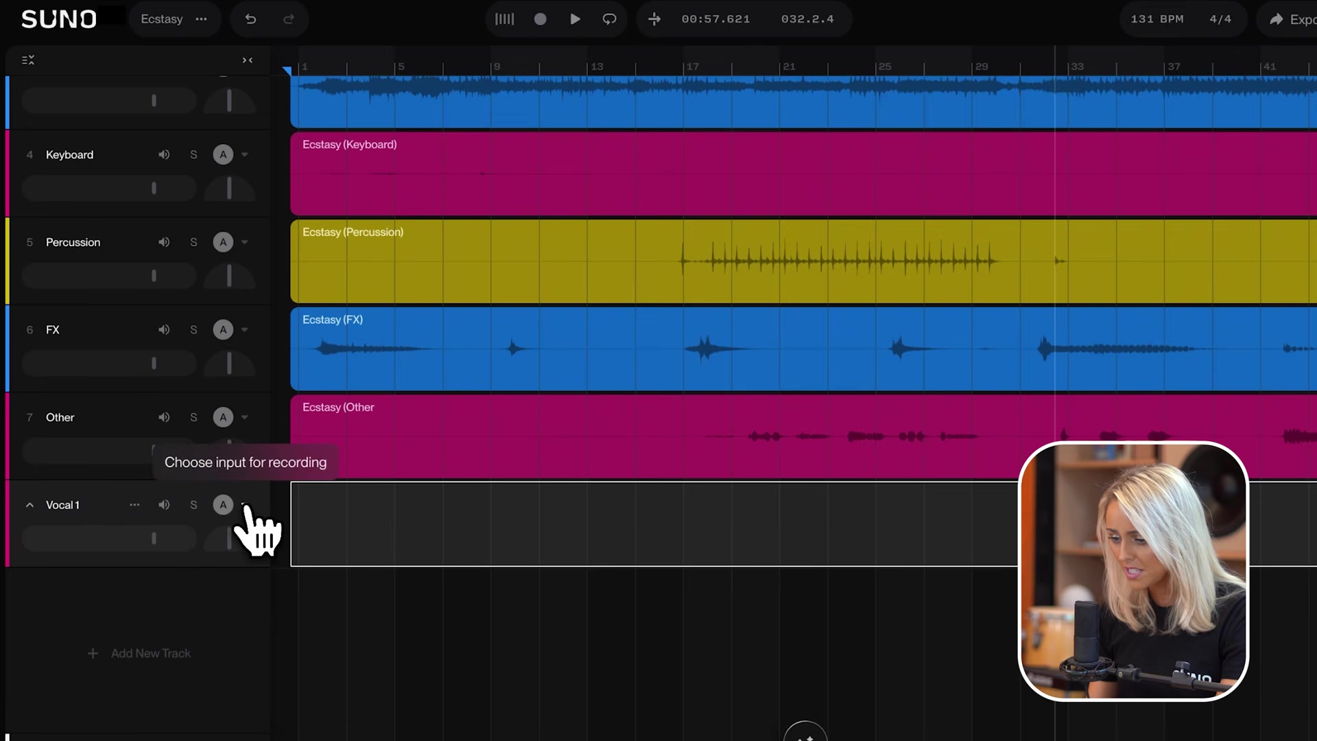 The choose input for recording control on a vocal track header in a Suno Studio session