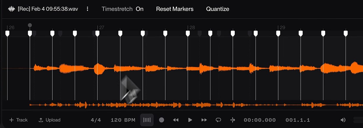 Suno Studio warp marker editor with Timestretch On and automatic warp markers placed across a guitar waveform