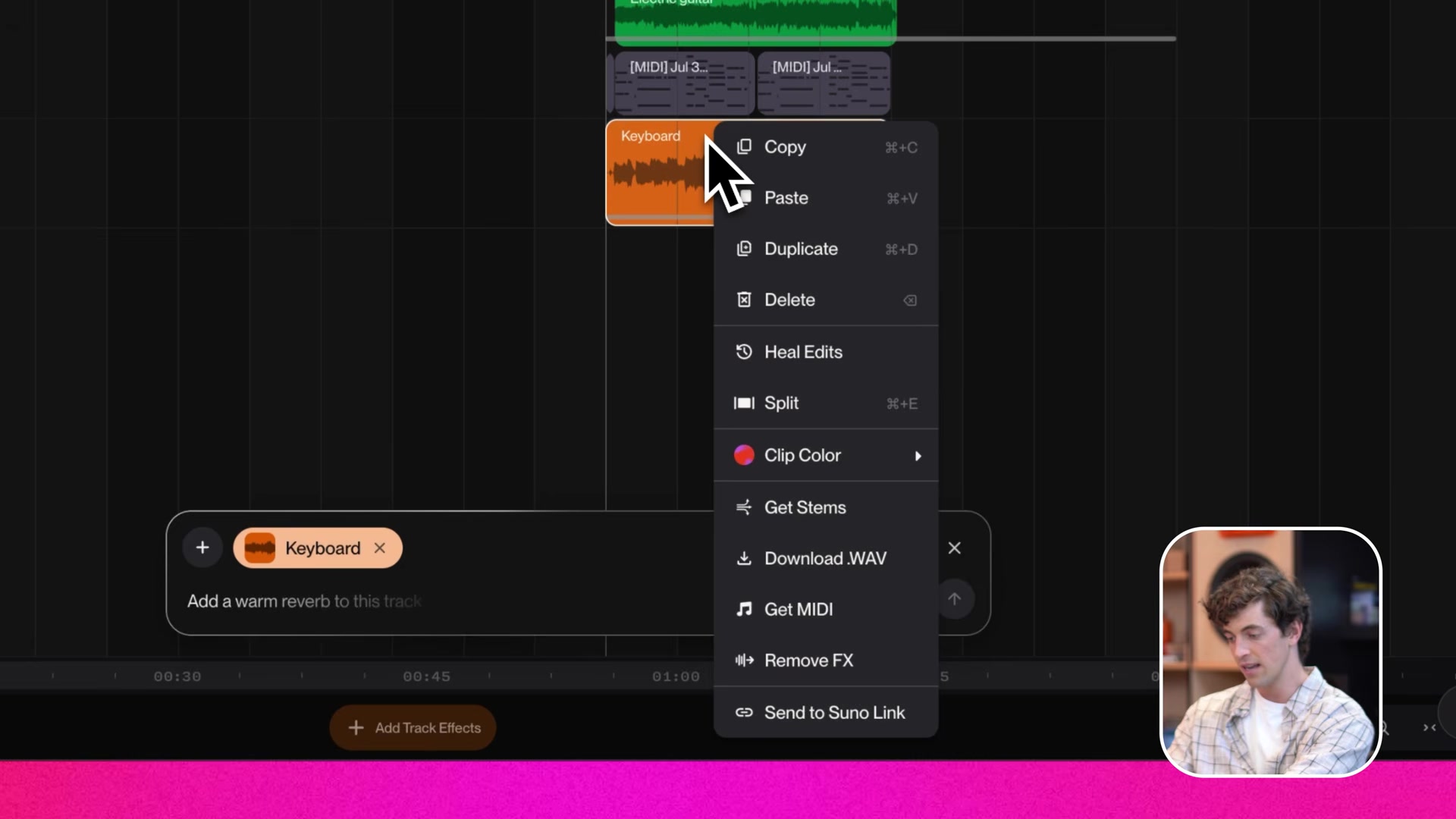 The Suno Studio right-click clip menu with Remove FX, Get Stems, Download WAV and Get MIDI options