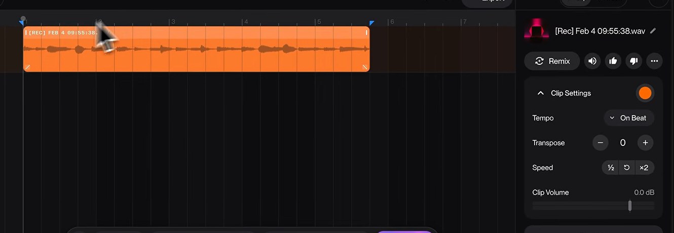 A Suno Studio audio clip on the timeline with its Clip Settings panel showing Tempo On Beat, Transpose and Speed controls