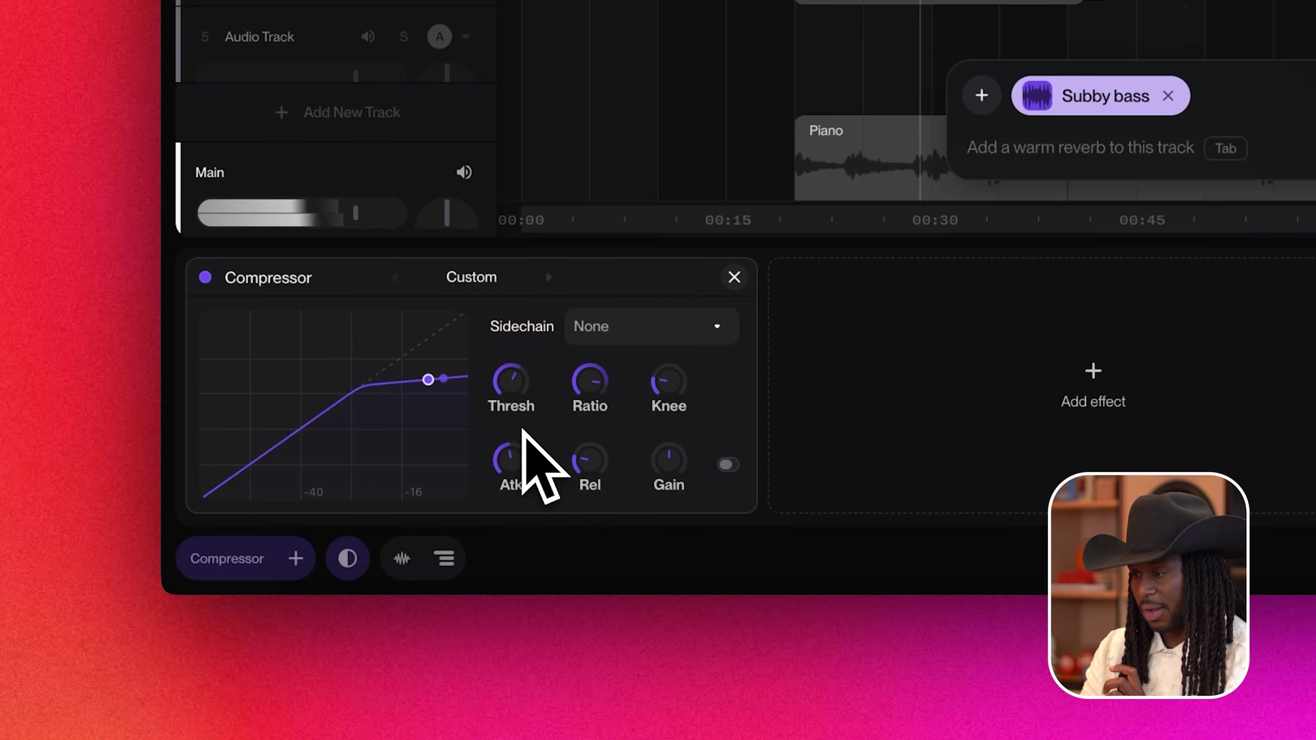 The Suno Studio compressor panel with threshold, ratio, knee, attack, release and gain controls