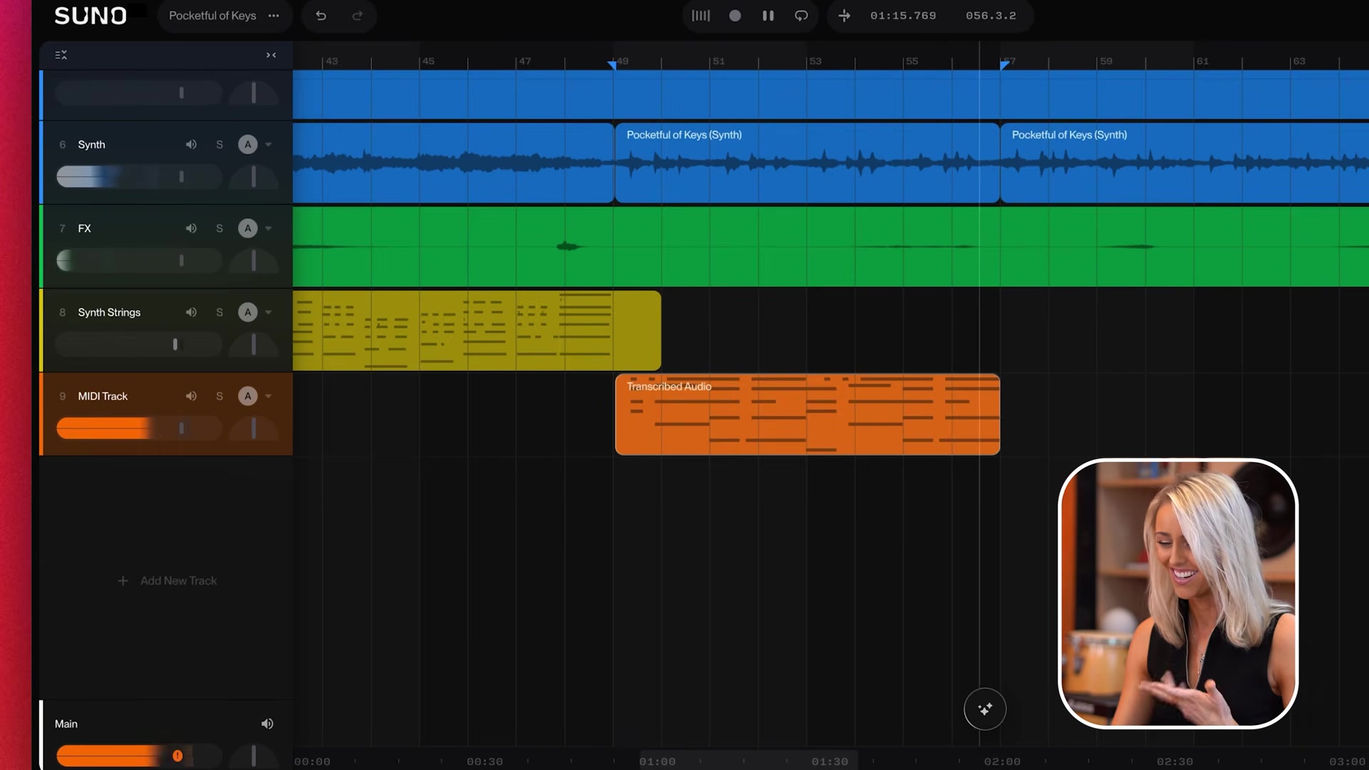 An audio part converted into a MIDI clip with visible note blocks on a Suno Studio MIDI track