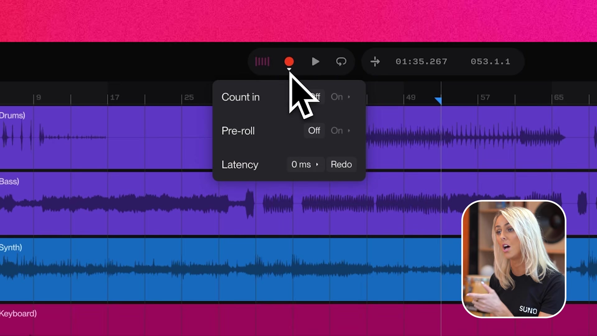 The Suno Studio dropdown under the record button with count-in, pre-roll and latency calibration controls