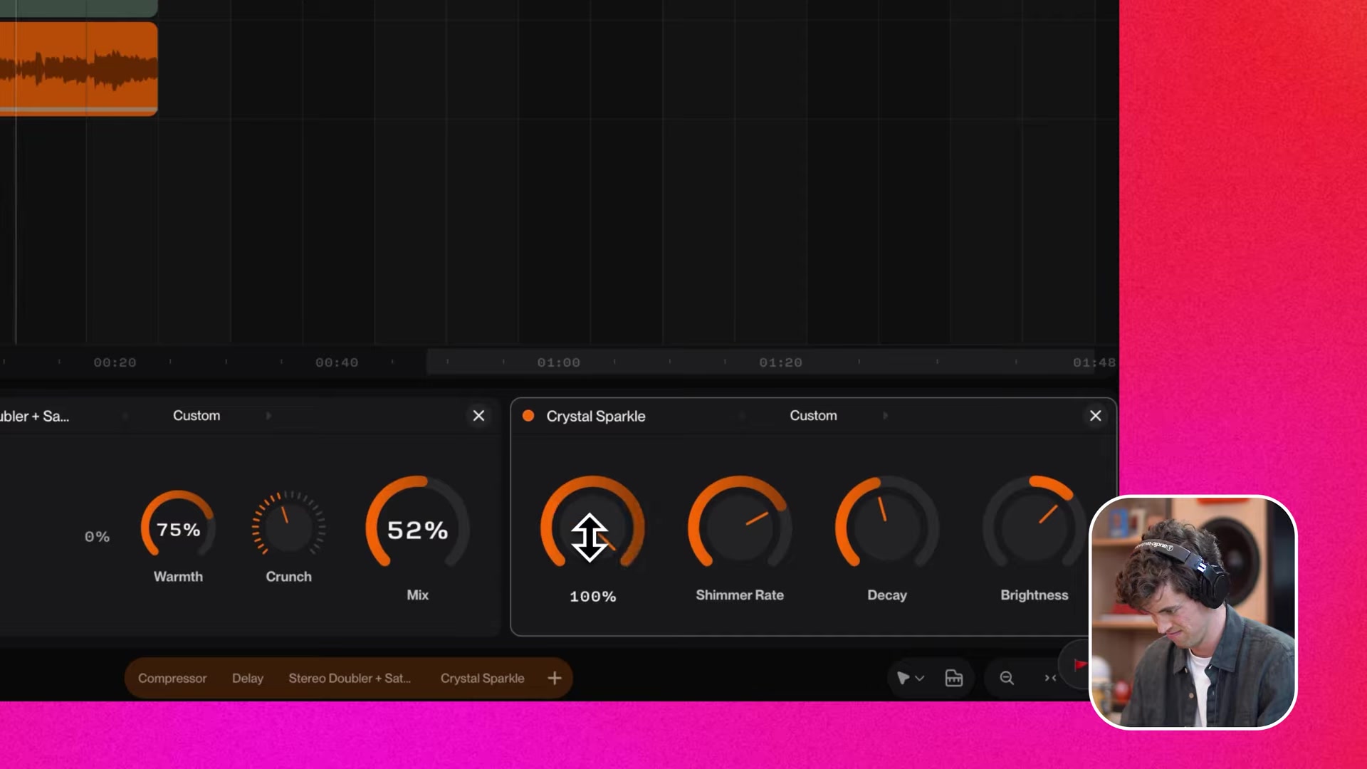 Two custom Suno Studio plugins open side by side with warmth, crunch, mix, shimmer rate, decay and brightness knobs