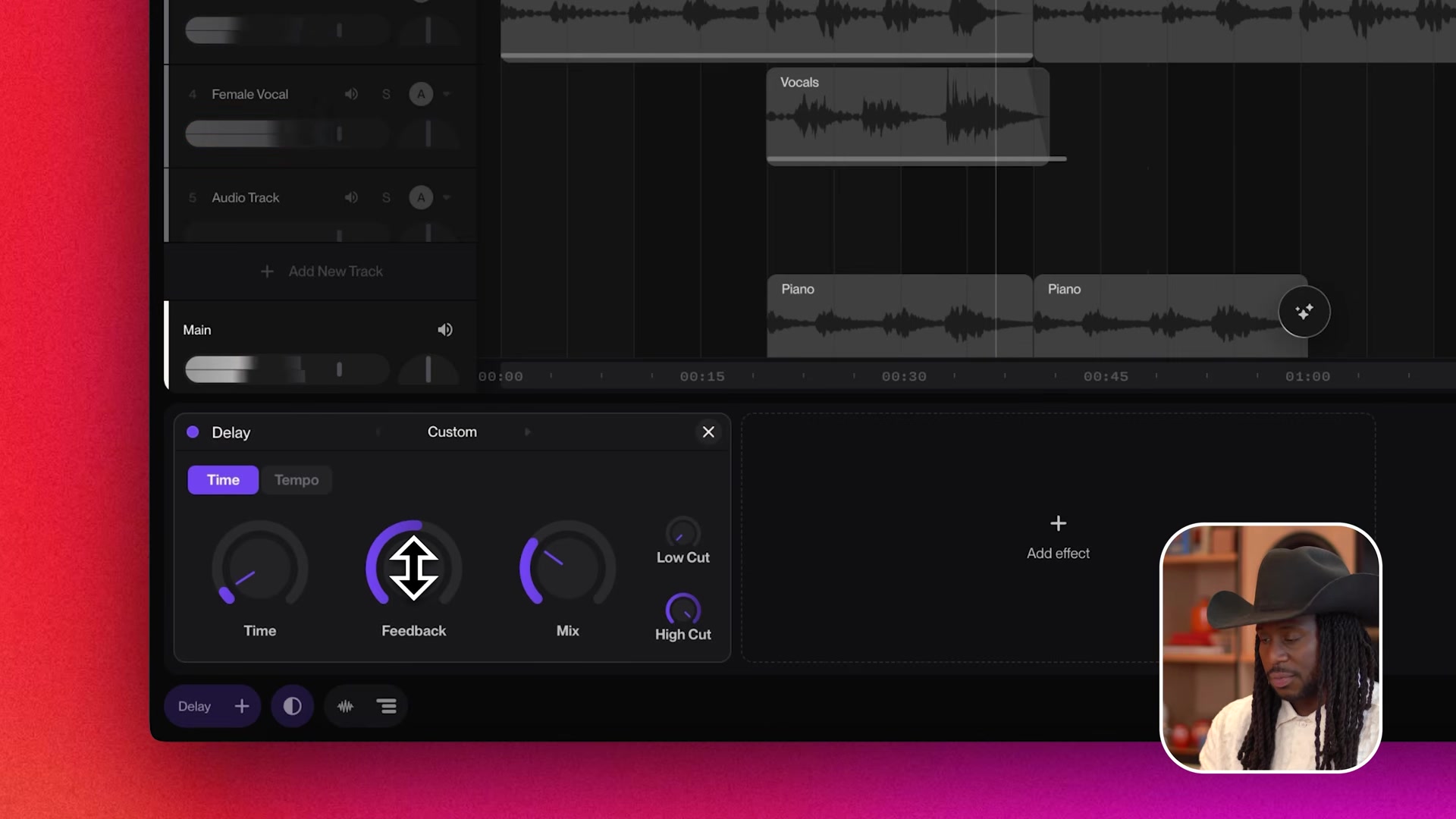 Suno Studio delay effect panel with time, feedback, mix, low cut and high cut controls