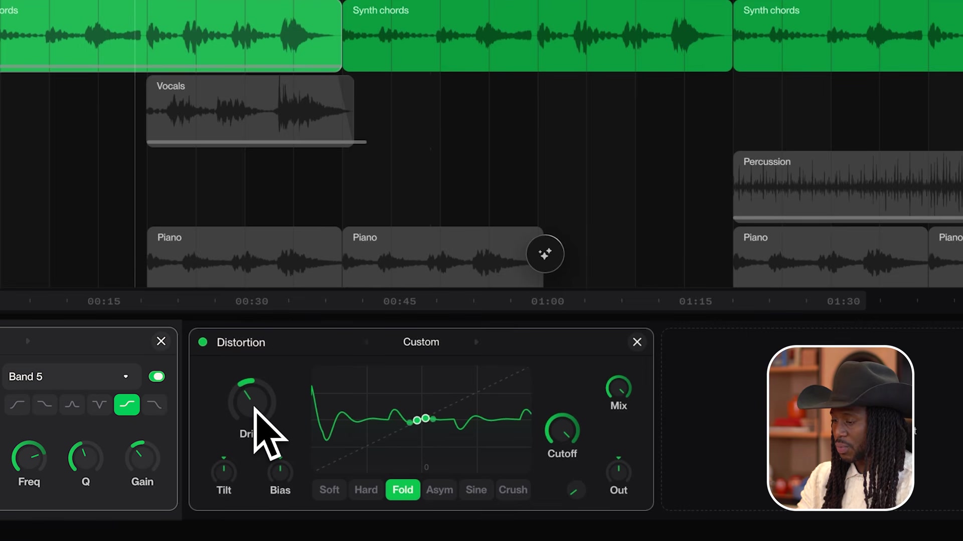 The Suno Studio distortion panel with drive, cutoff and character controls over a synth chords track