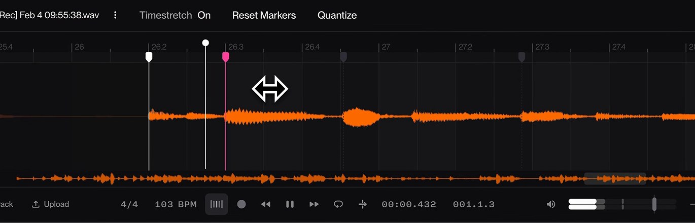 Dragging a pink warp marker sideways in the Suno Studio warp editor to move a guitar strum onto the beat