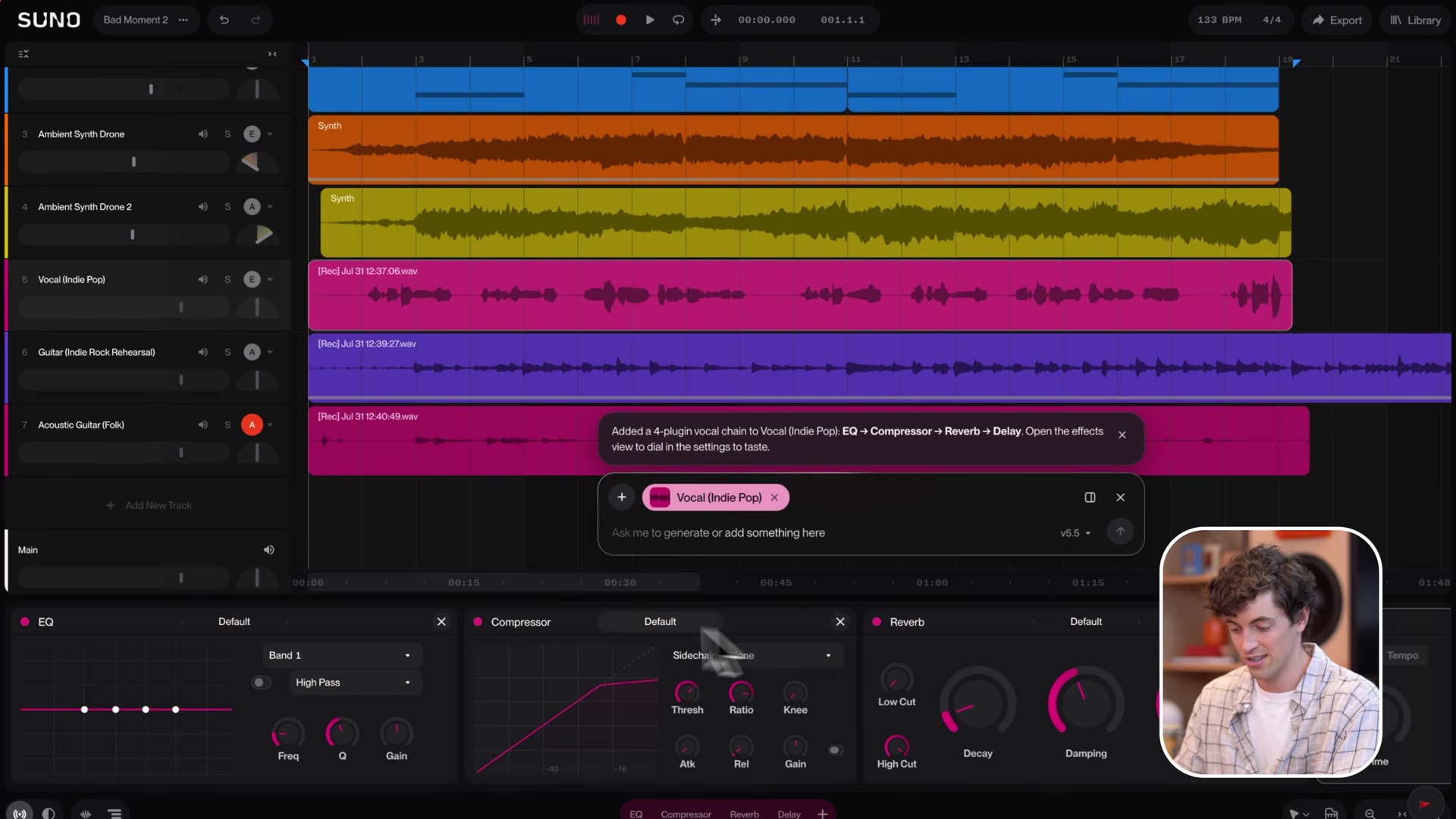 Suno Studio session where the chat bar added an EQ, compressor, reverb and delay chain to the vocal track