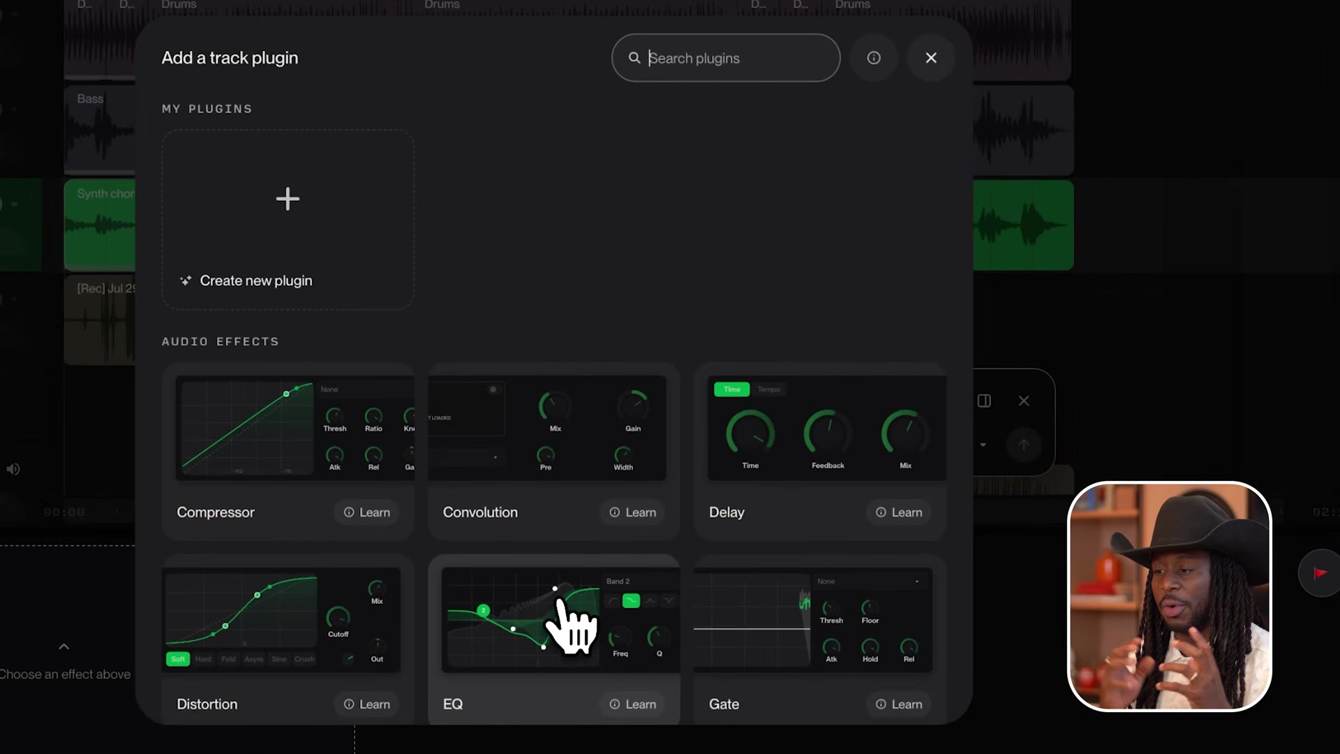 The Suno Studio effects browser with the 7 built-in audio effects and the create new plugin option
