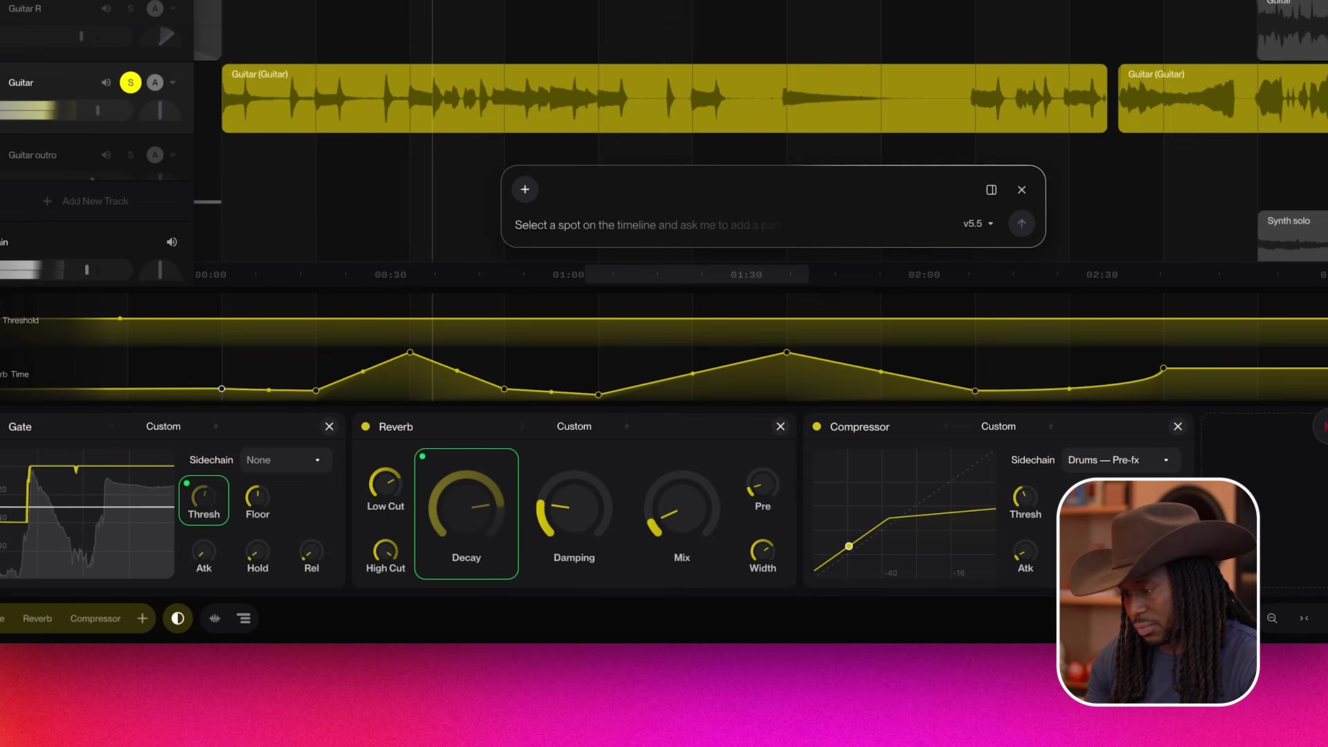 A Suno Studio track with gate, reverb and compressor panels open and an automation curve drawn along the timeline above