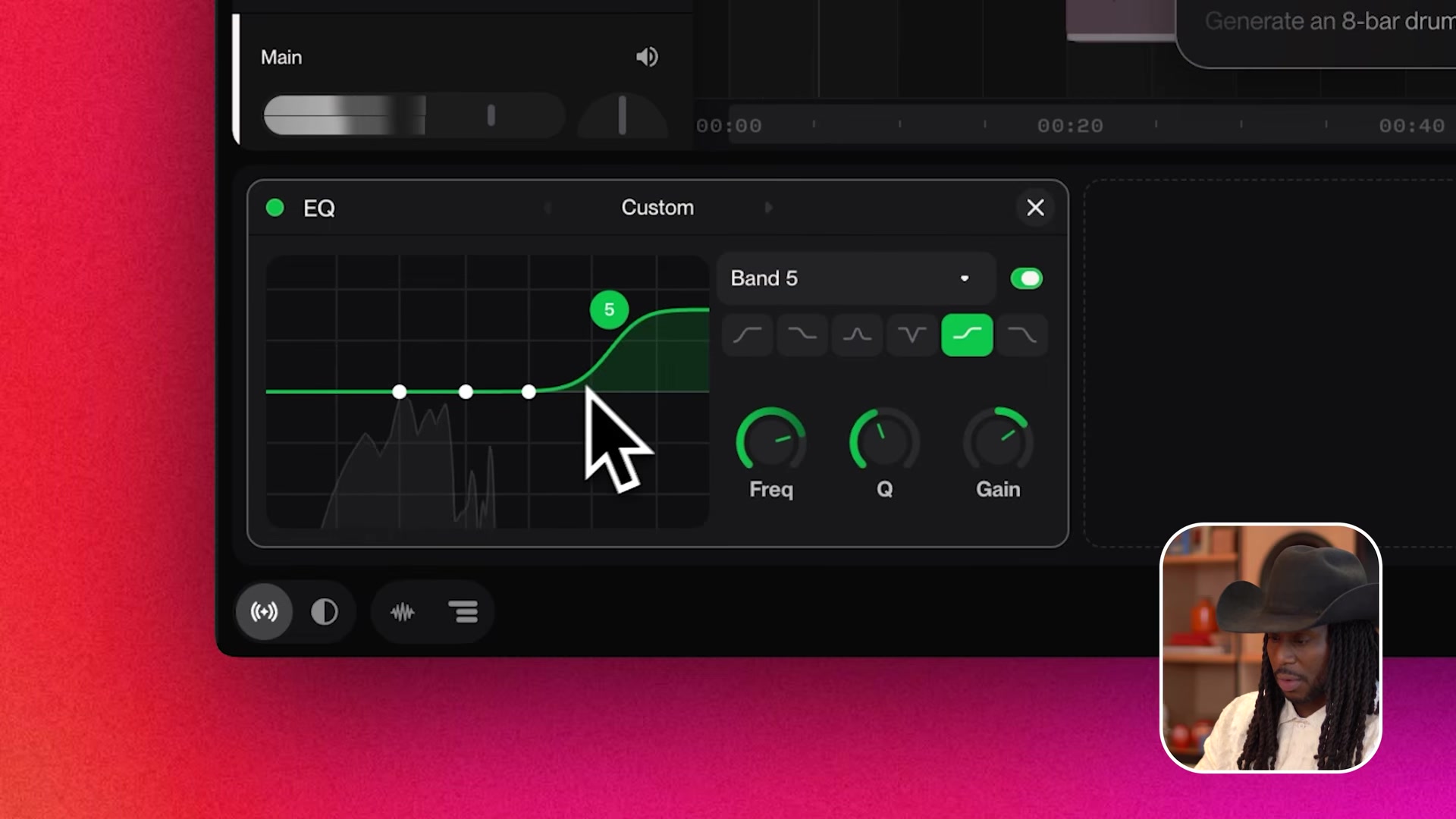 Suno Studio EQ panel with a custom band 5 high shelf curve and frequency, Q and gain knobs