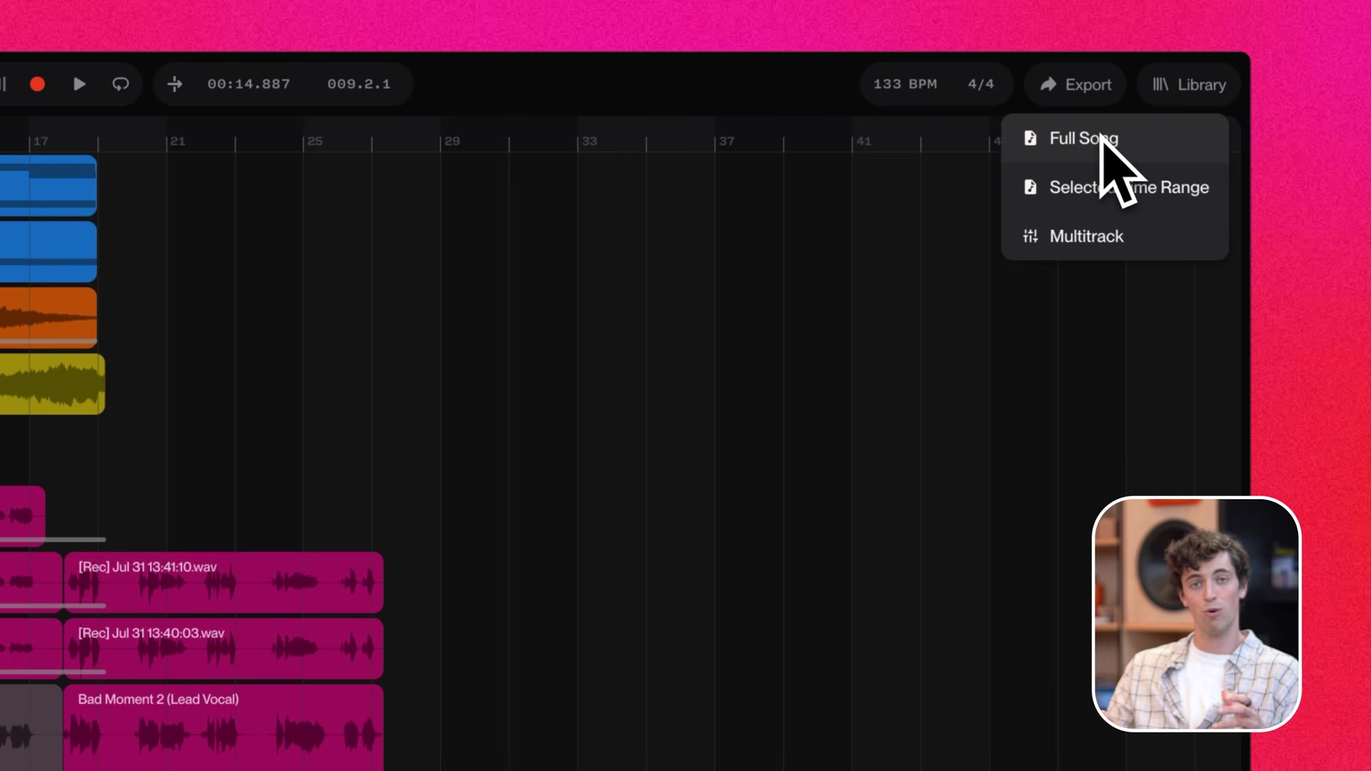 Suno Studio export menu open with Full Song, Selected Time Range and Multitrack options