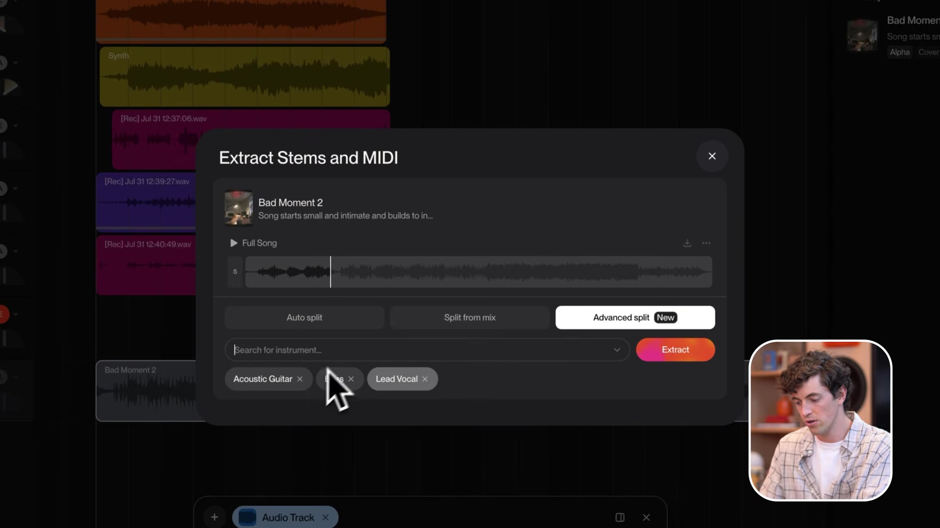 Suno Studio Extract Stems and MIDI dialog with Advanced Split selected and typed instrument tags