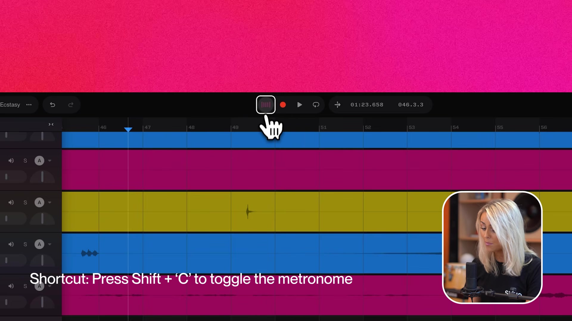 A Suno Studio session showing the Shift plus C shortcut hint for toggling the metronome
