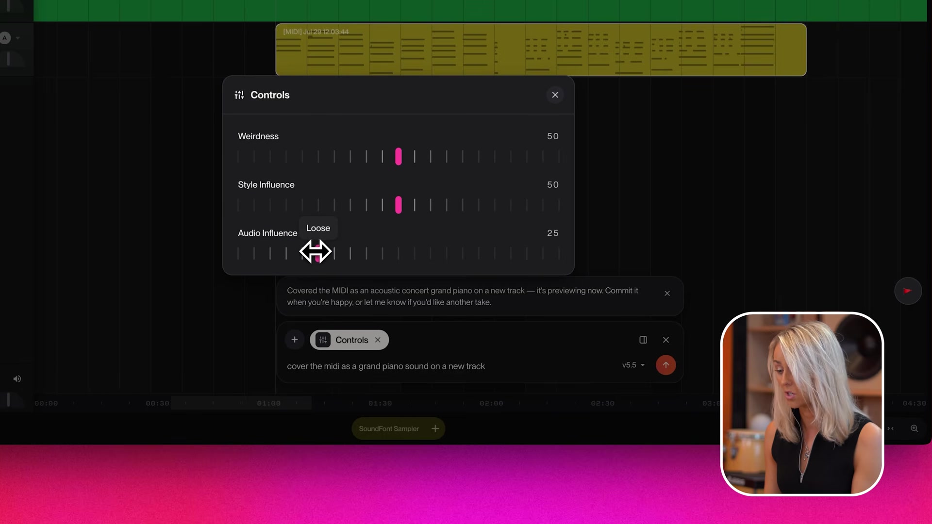 Suno Studio Controls panel with weirdness, style influence and audio influence sliders over a chat bar prompt covering MIDI as grand piano