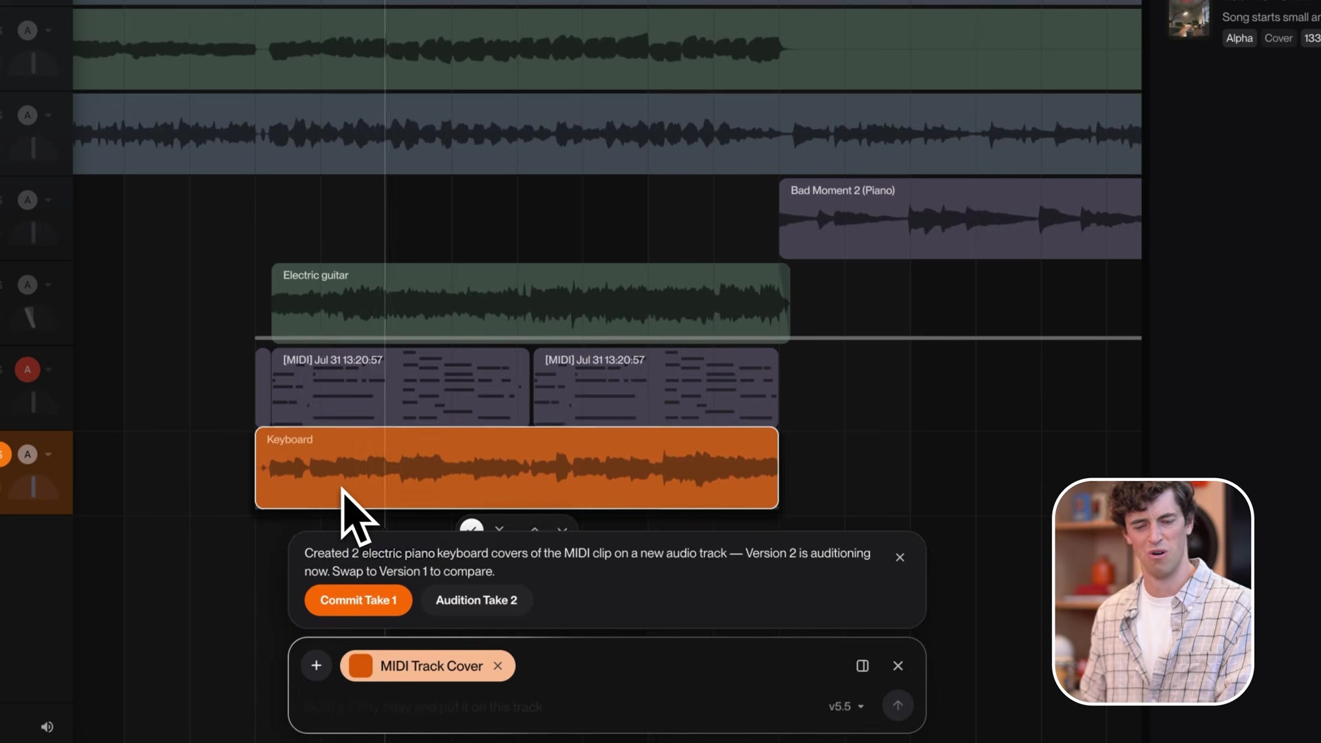 Suno Studio auditioning 2 generated cover versions of a recorded part with swap and commit buttons