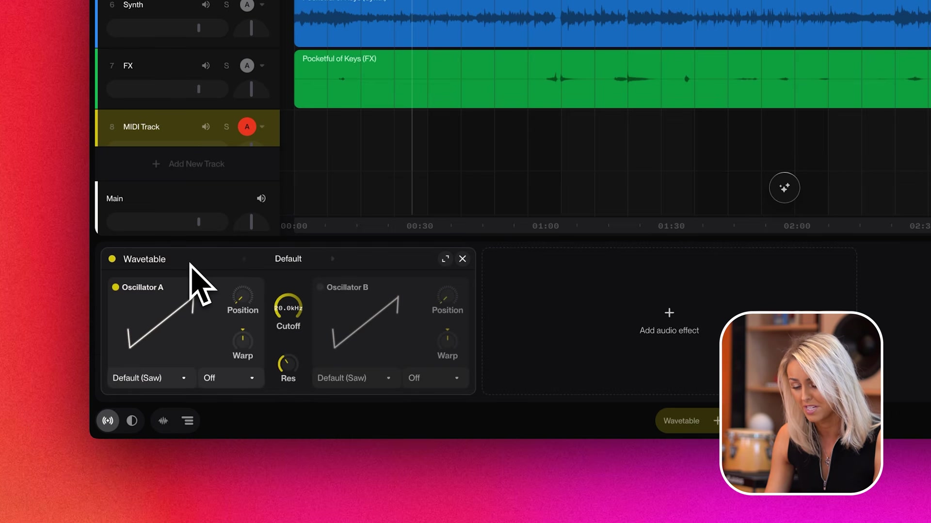 The Suno Studio wavetable synth panel open on an armed MIDI track with oscillator and cutoff controls