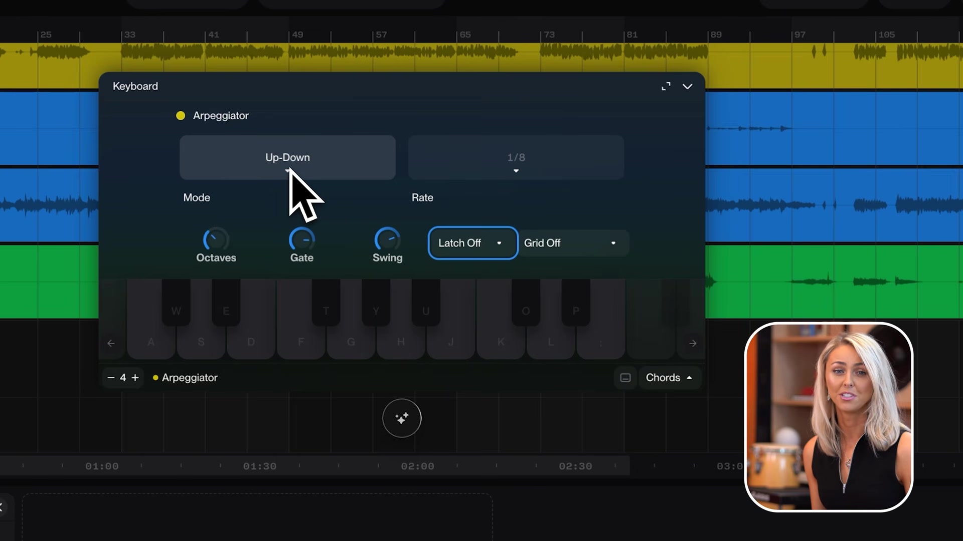 Suno Studio musical typing keyboard with the arpeggiator panel open showing up-down mode, rate, octaves, gate and swing controls