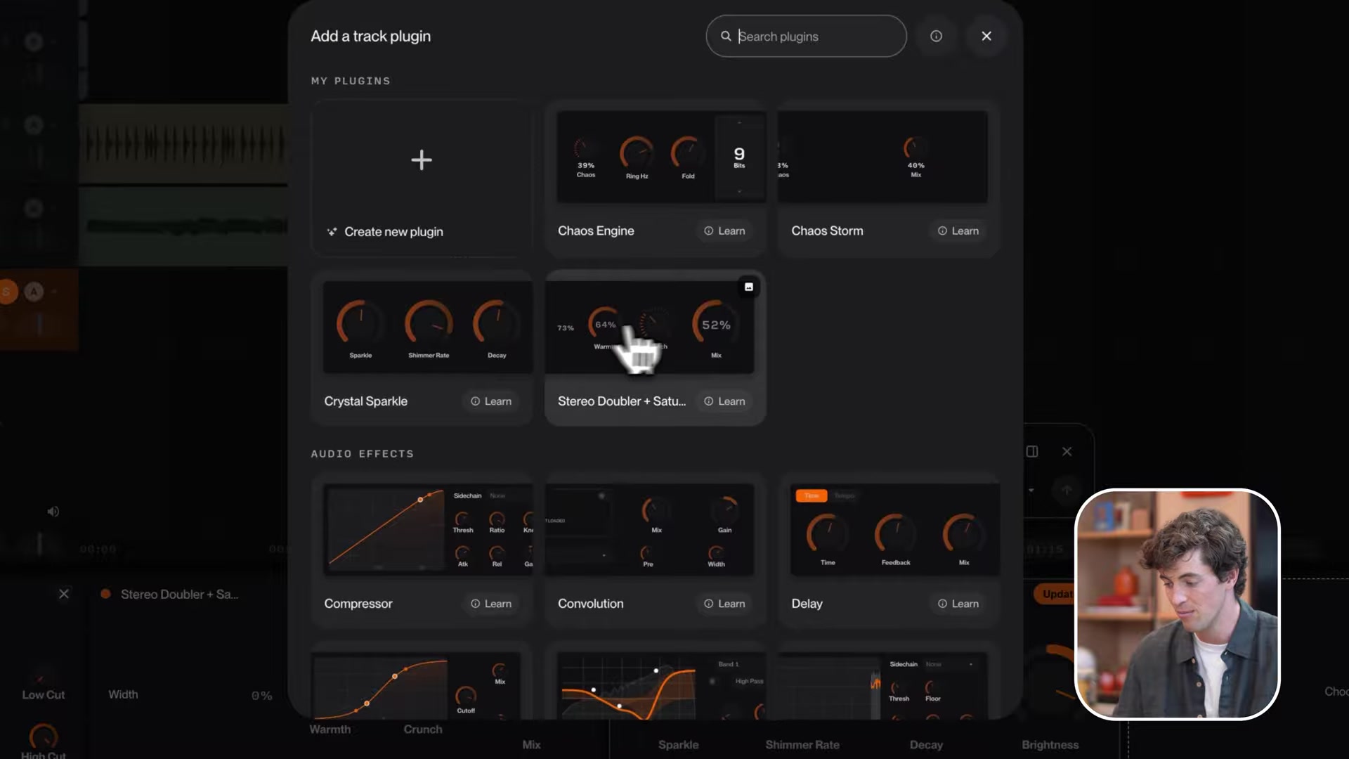 The Suno Studio plugin browser with custom plugins like Crystal Sparkle next to the built-in audio effects