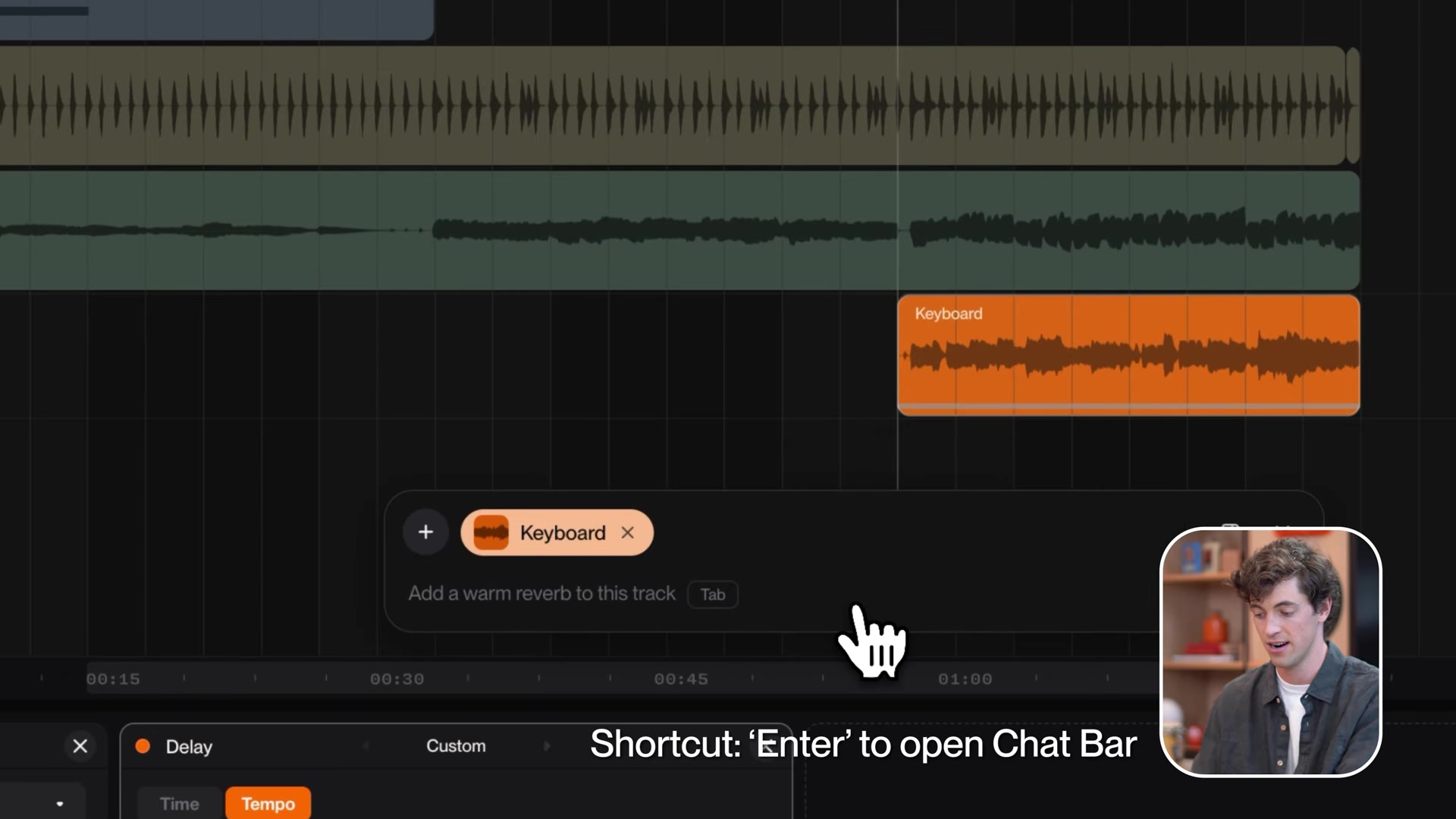 A Suno Studio session with the chat bar and the Enter shortcut hint for opening it