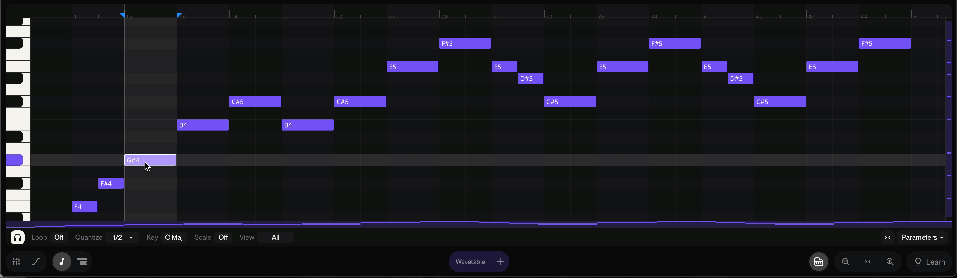 The Suno Studio piano roll with a note being dragged into place among stacked purple note blocks labelled E4, F#4, G#4, B4 and C#5