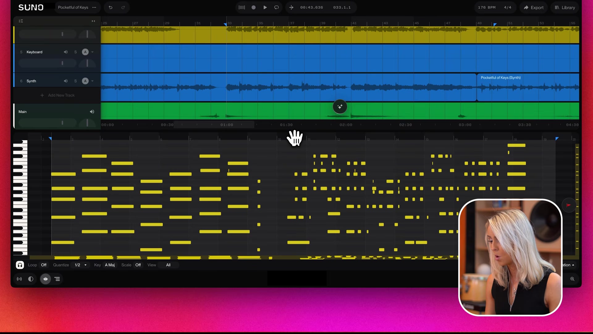 The Suno Studio piano roll open under the timeline with yellow notes ready for pitch and timing edits
