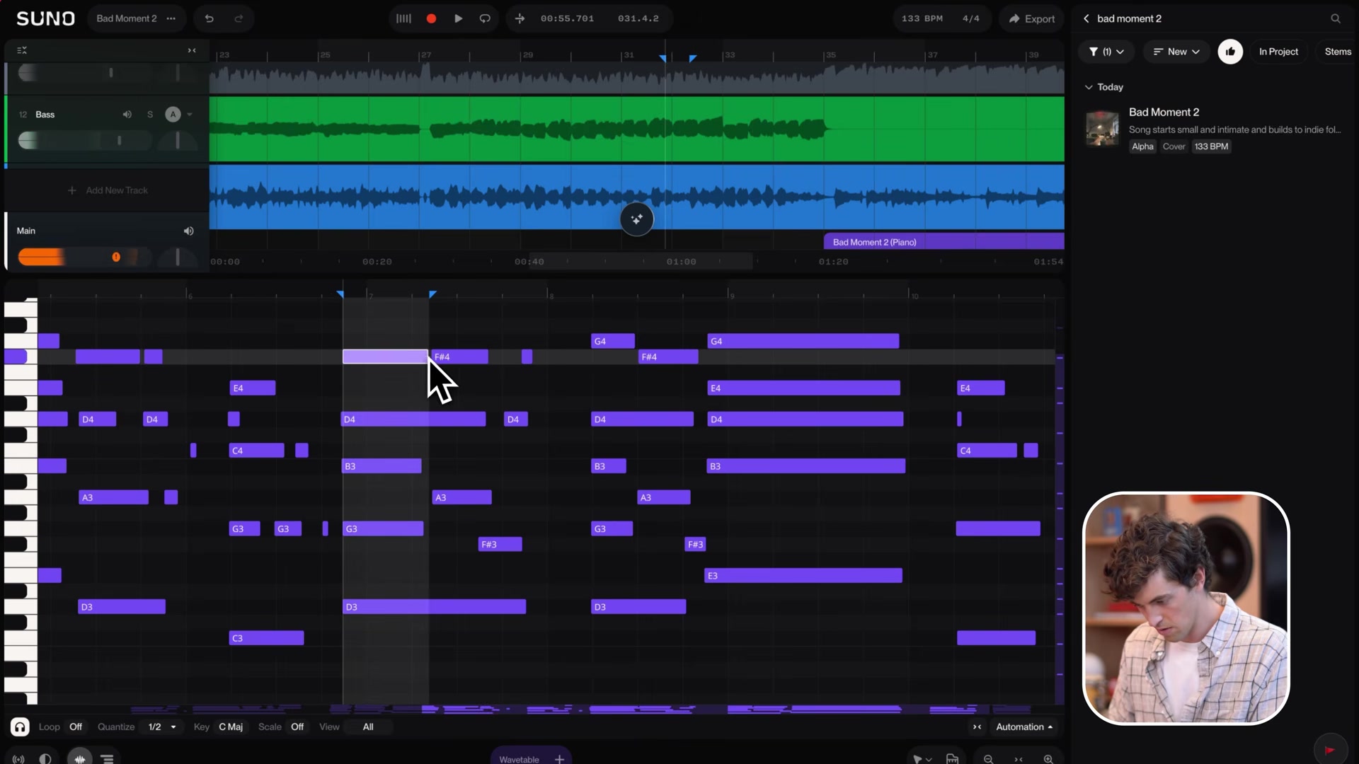 Suno Studio piano roll with purple MIDI notes, key set to C major and quantise controls at the bottom