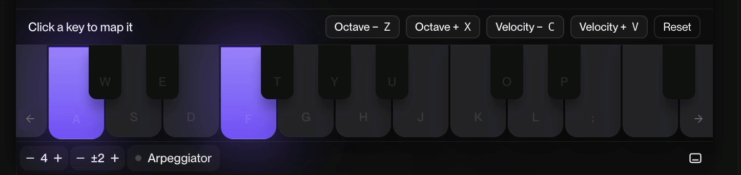 The Suno Studio playable keyboard with the A and F keys held together in purple, octave and velocity shortcuts above and the arpeggiator toggle below