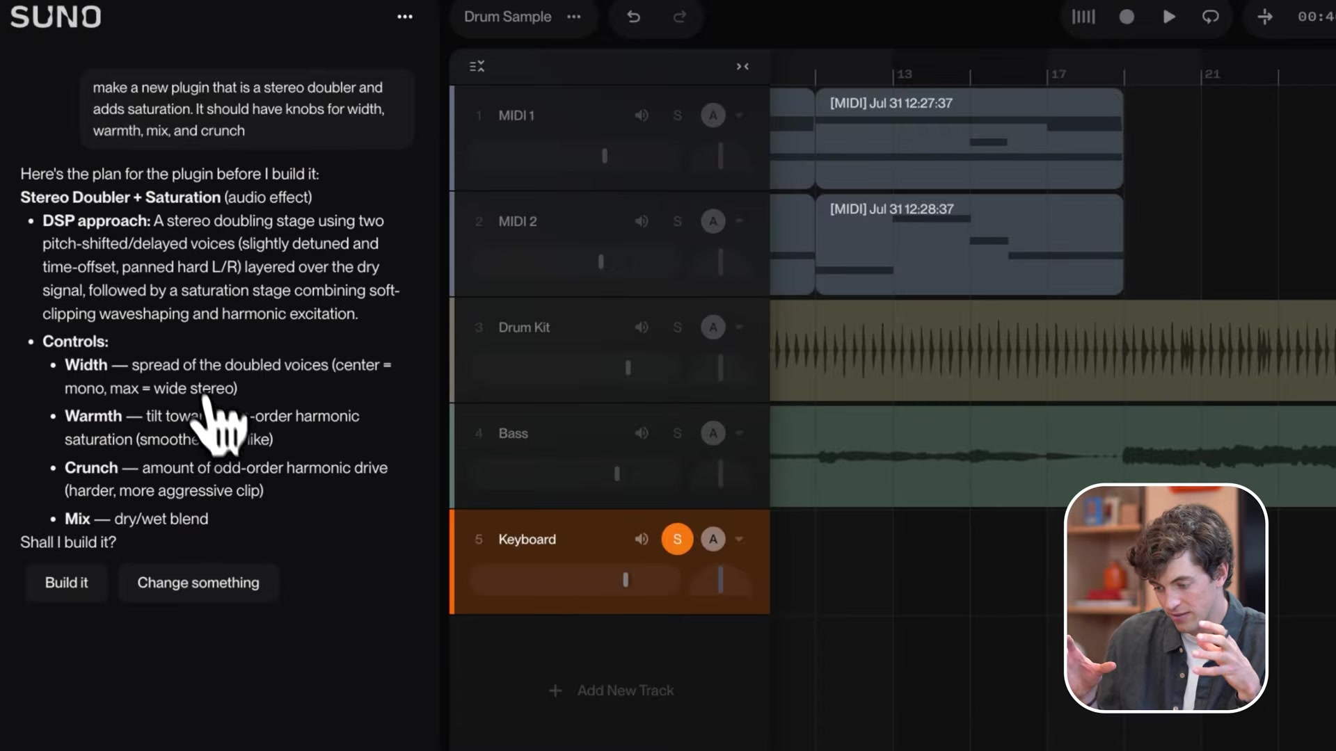Suno Studio build plan for a stereo doubler and saturation plugin listing the DSP approach and each control before building