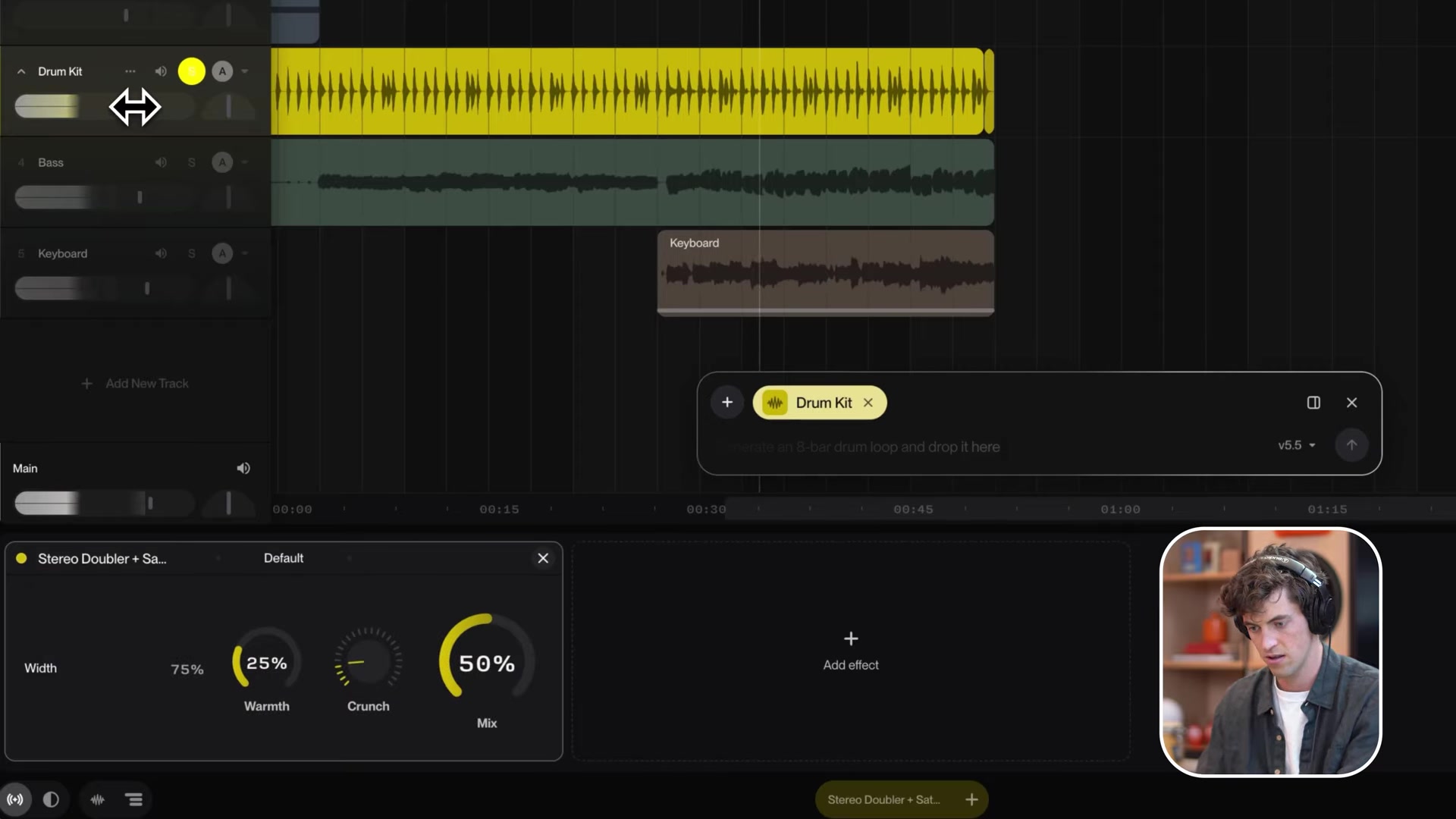 The chat-built stereo doubler plugin open in Suno Studio with width, warmth, crunch and mix values being adjusted