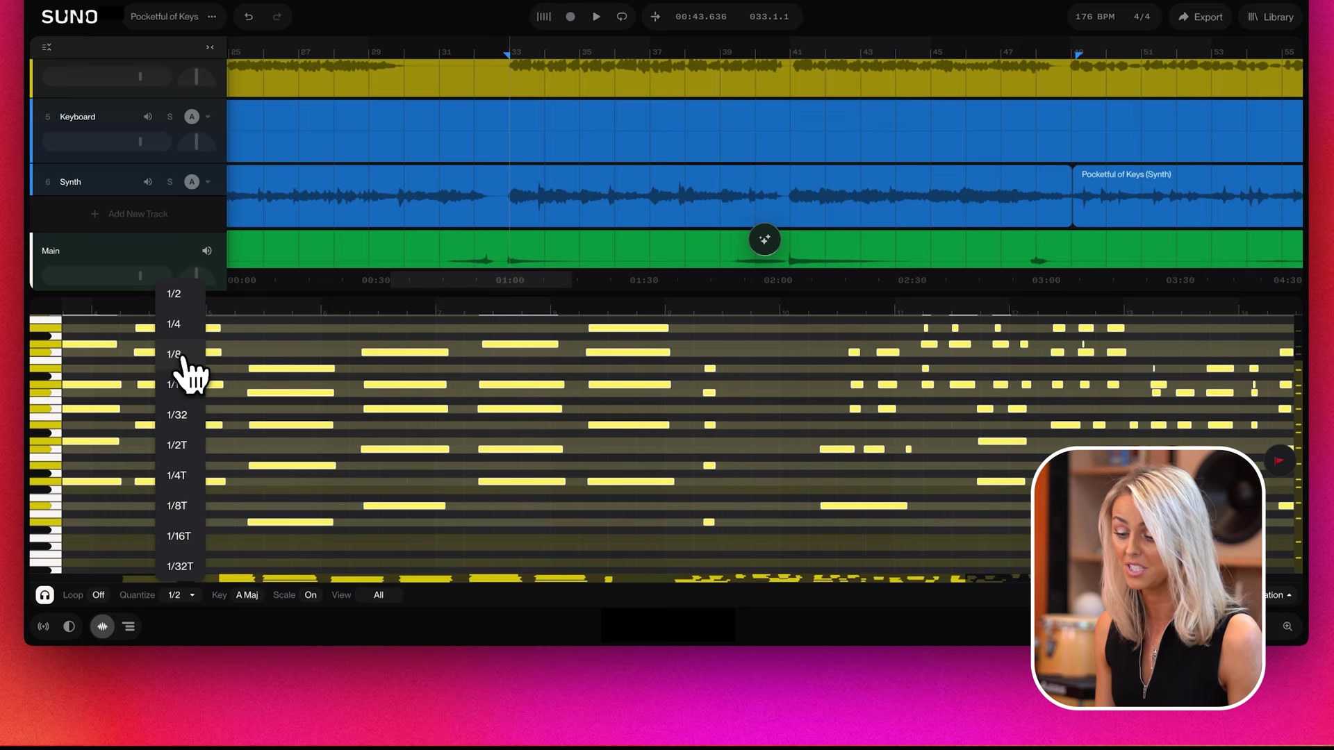 Suno Studio piano roll quantise dropdown open with note value options and scale mode set to on in the bottom bar
