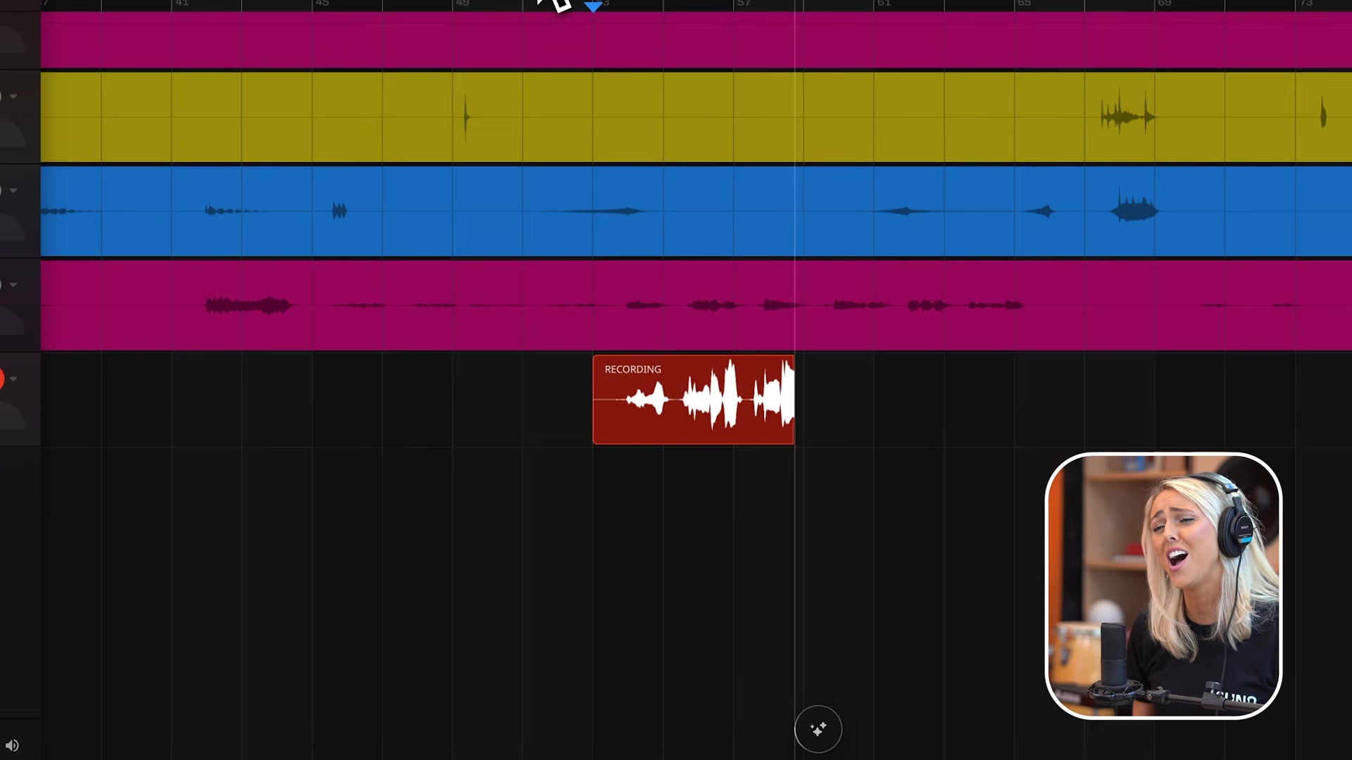 A vocal take recording in progress on the Suno Studio timeline with the red recording clip growing