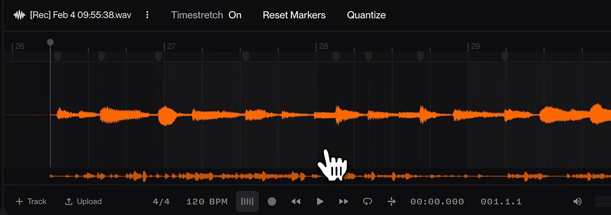Suno Studio warp marker editor after Reset Markers, with only the start and end markers left on the waveform