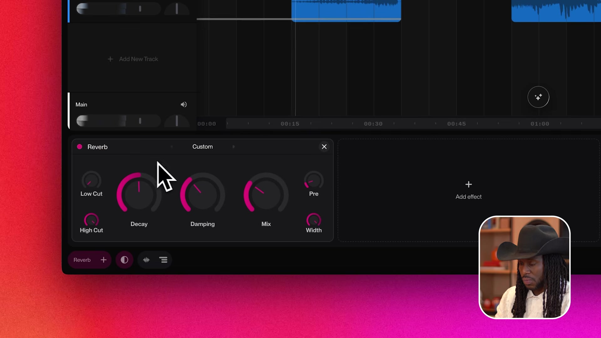The Suno Studio reverb panel with low cut, high cut, decay, damping and pre controls