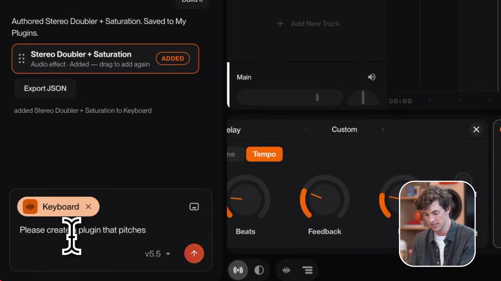 The finished Stereo Doubler + Saturation plugin card in Suno Studio marked as added, with an export option