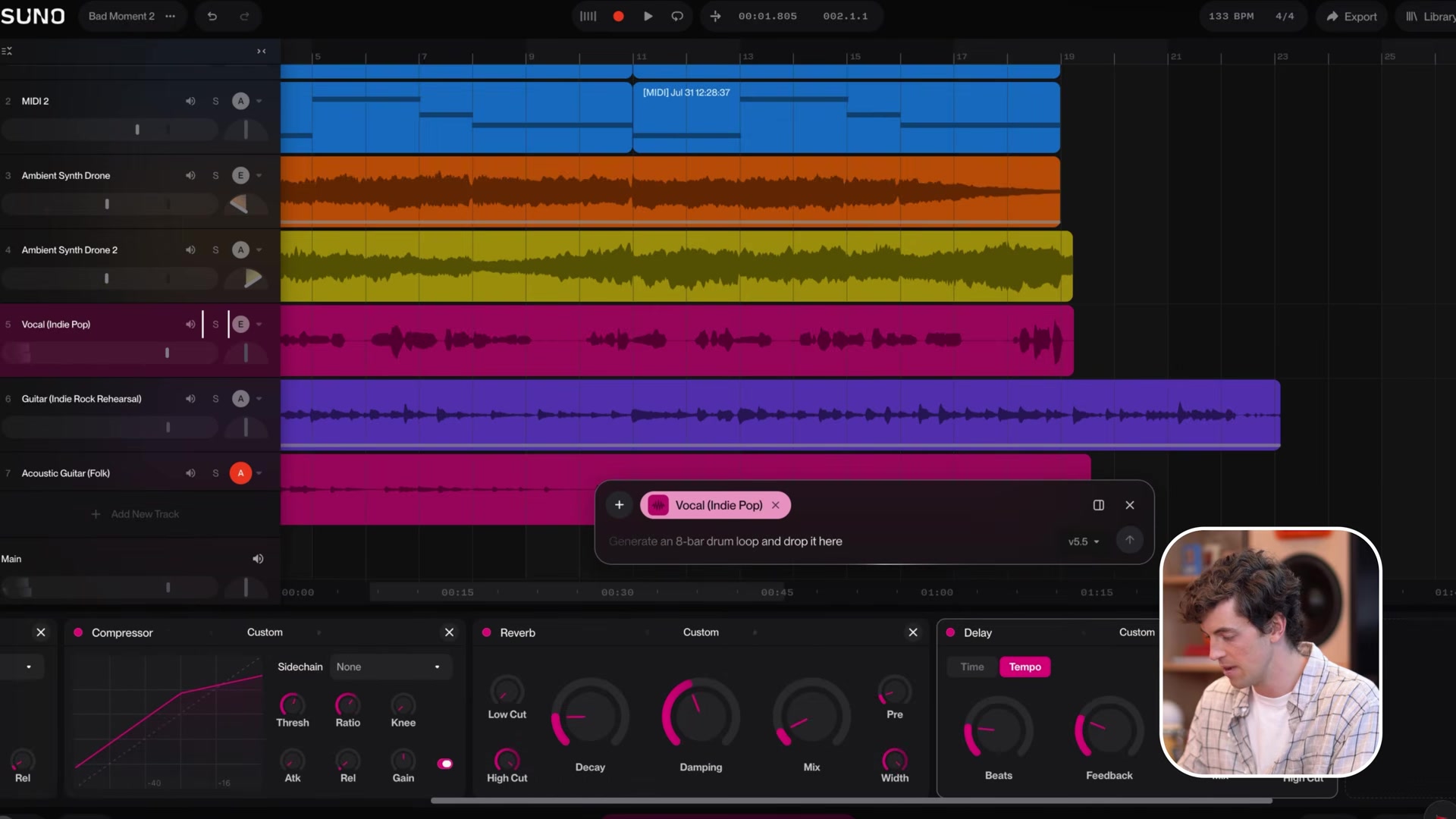 A full Suno Studio session with coloured audio and MIDI tracks, the chat bar prompting an 8-bar drum loop, and compressor, reverb and delay panels open