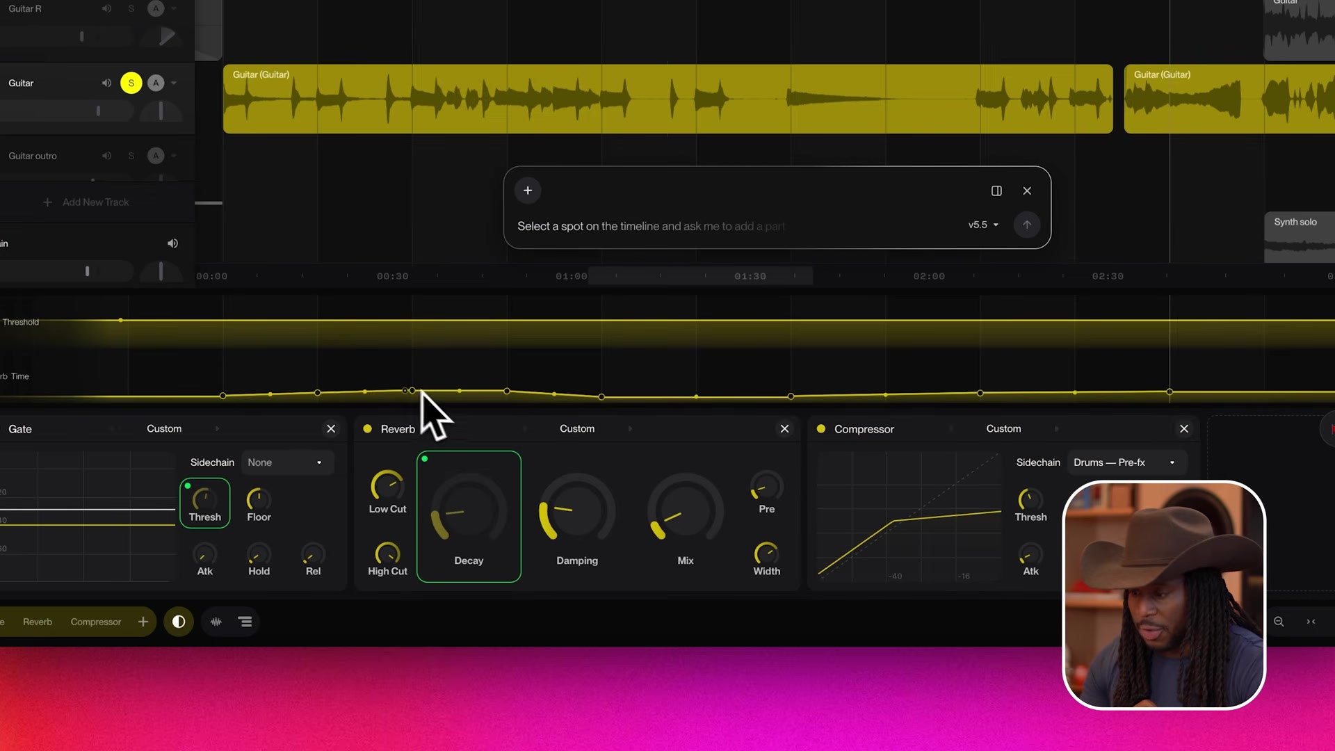 A Suno Studio compressor with the sidechain input set to the drums track before effects