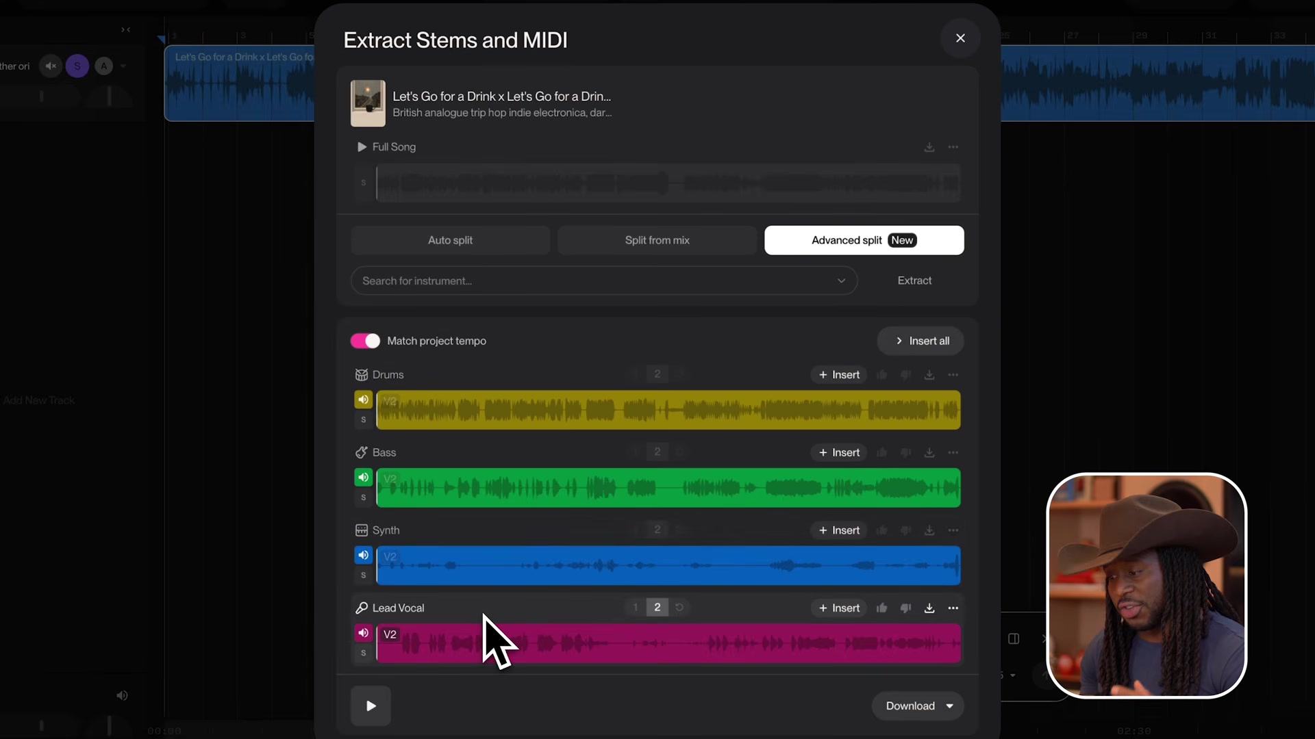 Suno Studio Extract Stems and MIDI dialog with Advanced Split selected and drums, bass, synth and lead vocal stems ready to insert