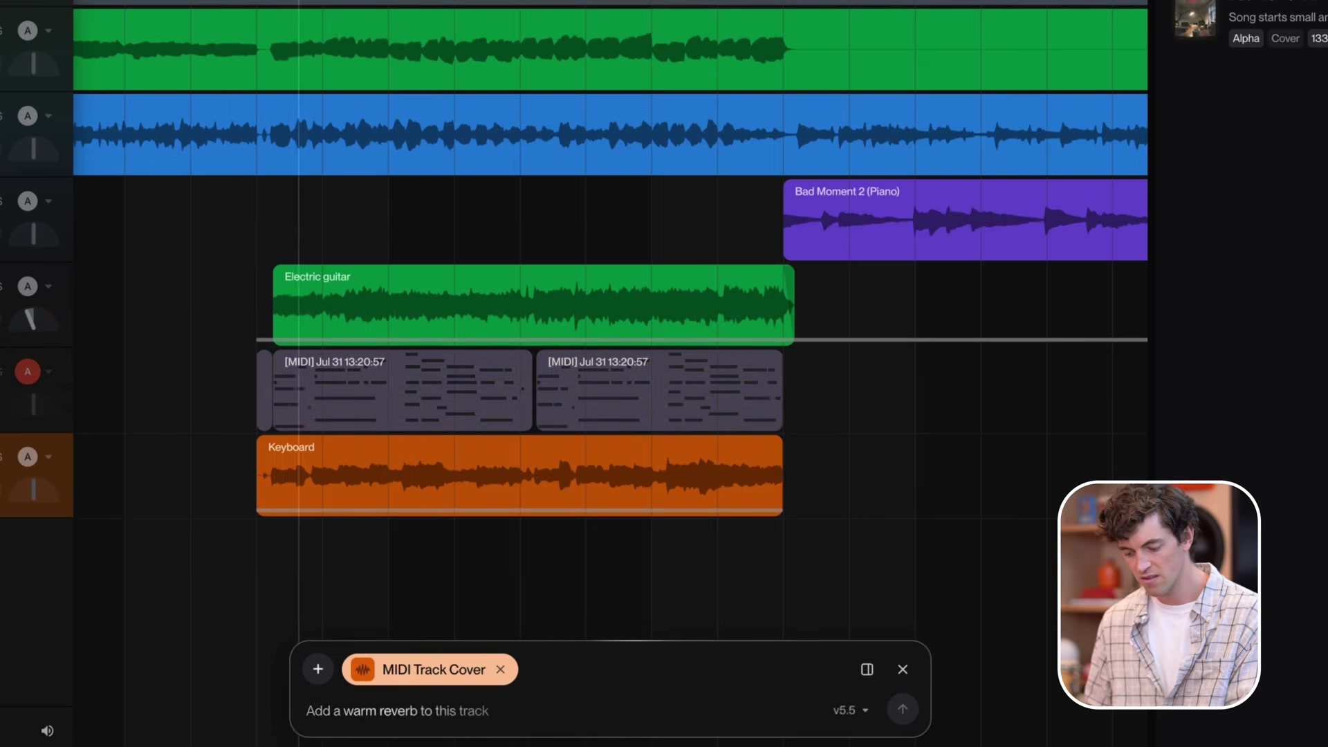 Suno Studio arrangement with audio, MIDI and cover clips stacked on the timeline and the chat bar prompting a warm reverb
