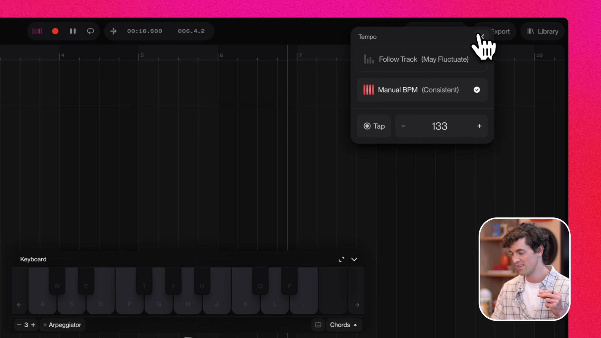 Suno Studio tempo menu open with Manual BPM selected, a tap button and the value set to 133