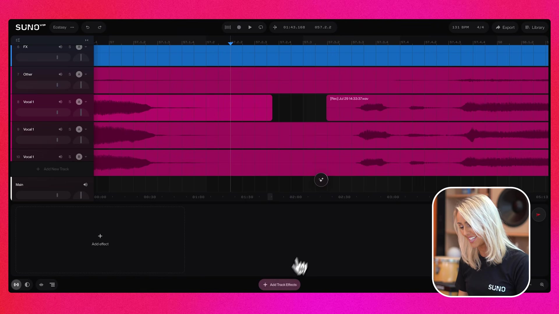 An edited vocal clip on the Suno Studio timeline with a split region ready for fades between takes