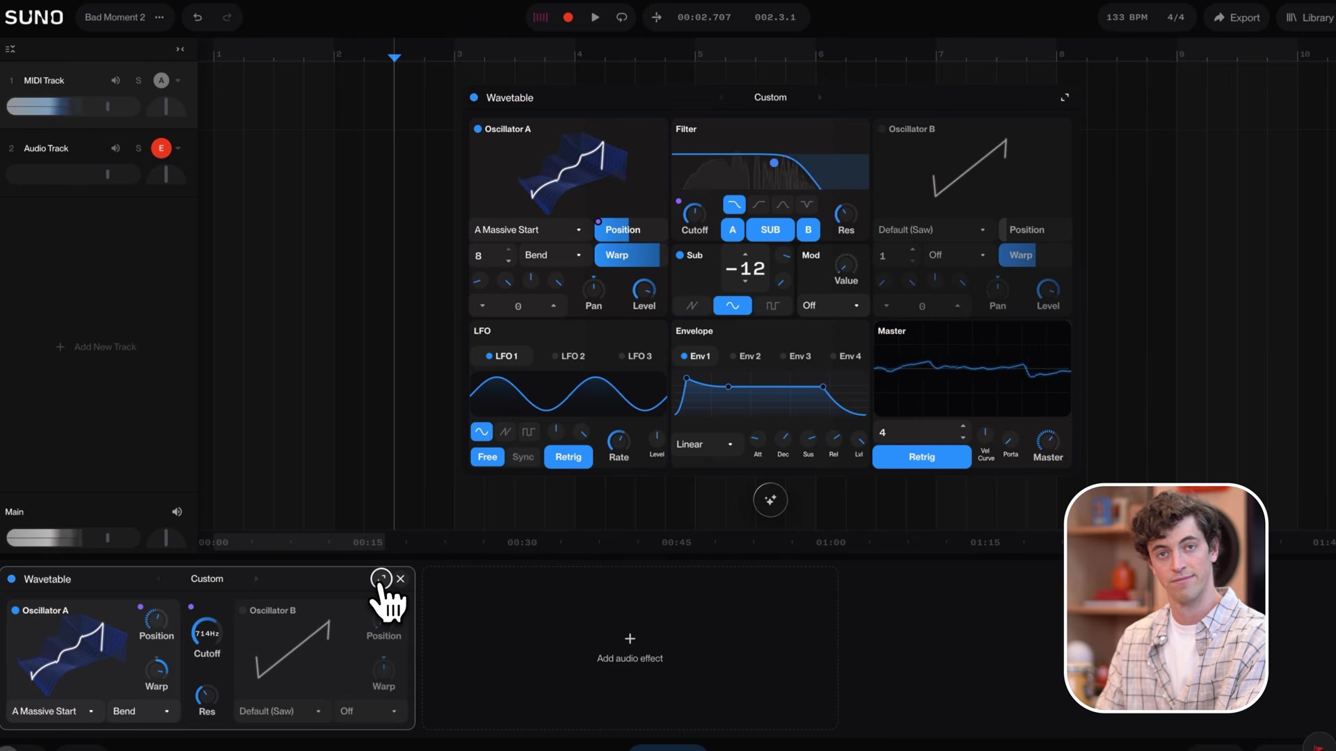 Suno Studio wavetable synth with oscillator, filter, LFO, envelope and mod matrix sections open