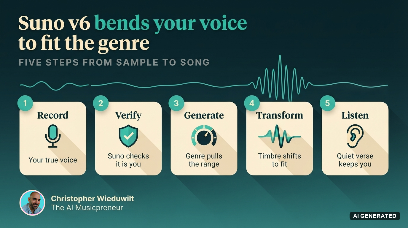 Five-step graphic showing how Suno v6 records, verifies, generates, transforms and exposes your voice
