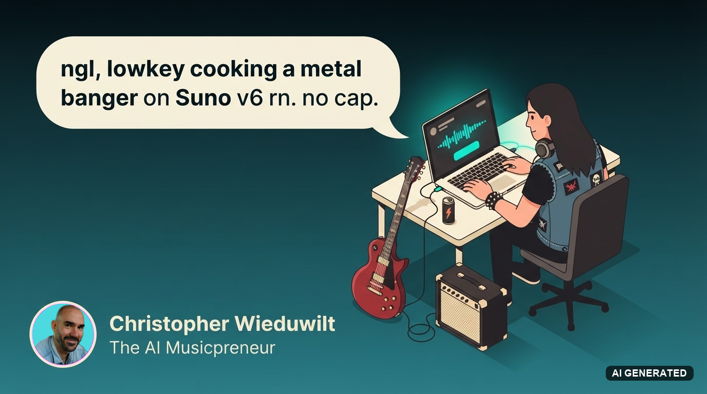 Illustration of a metal musician at a laptop saying he is cooking a metal banger on Suno v6