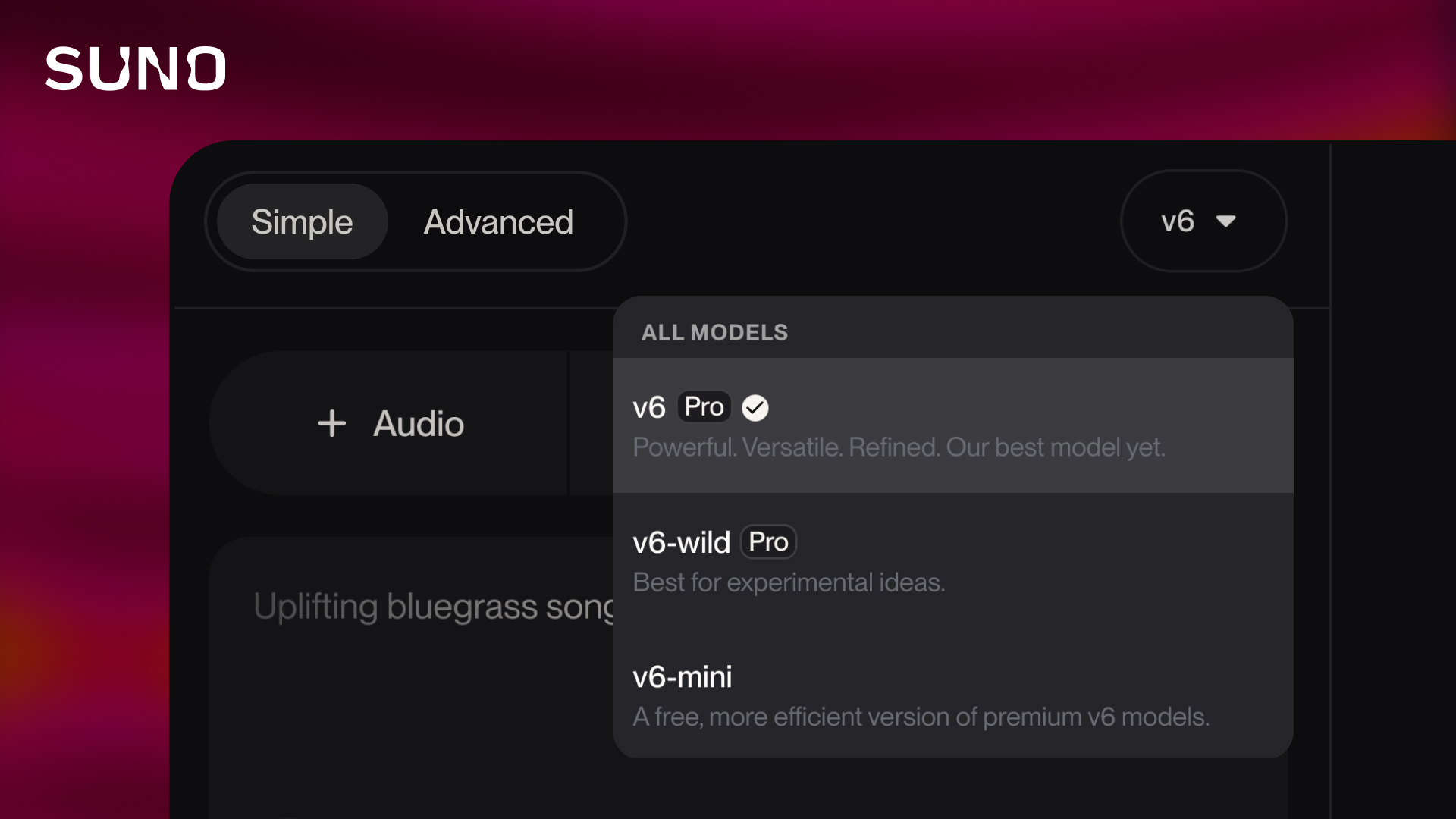 Suno's v6 model picker listing v6, v6-wild and v6-mini with Suno's one-line description of each model