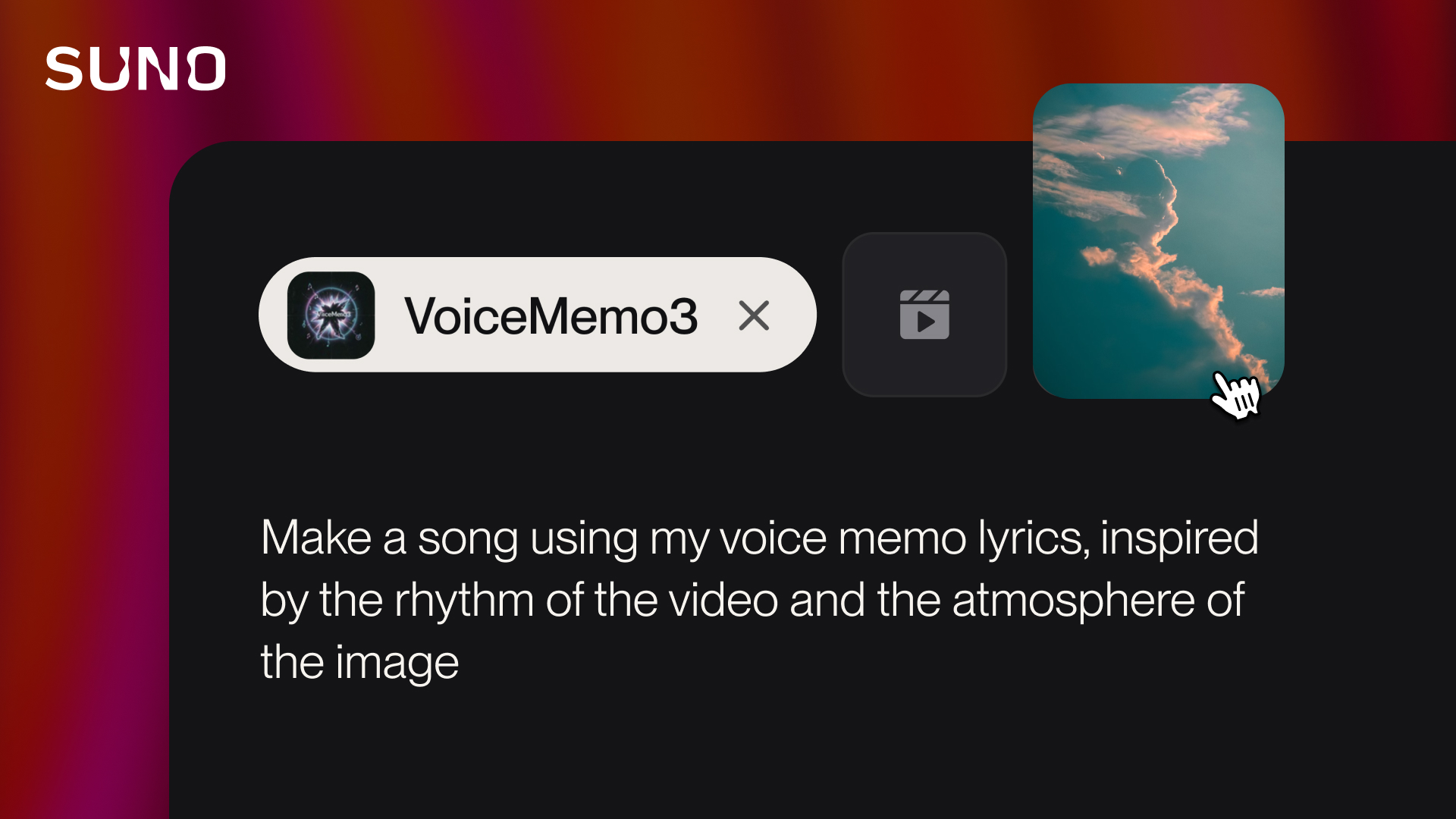 Suno v6 prompt box combining a voice memo, a video clip and a sky photo into a single song request