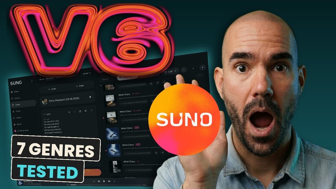 YouTube thumbnail: Suno v6 Just Dropped, 7 genres tested