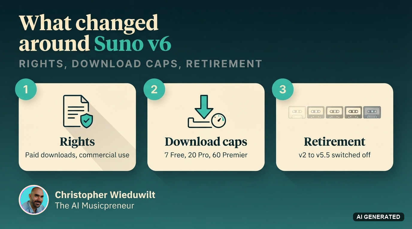 Three-card graphic of what changed around Suno v6: rights, download caps and model retirement